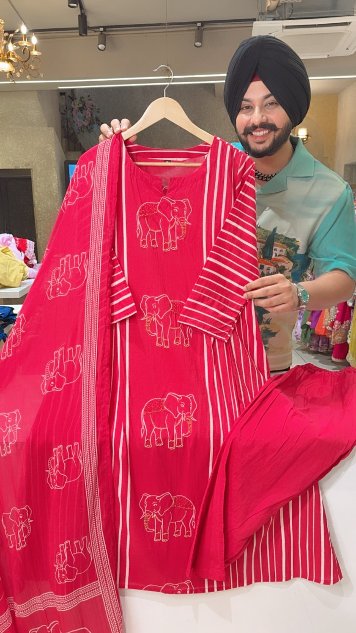 Pink Soft Cotton A-line Elephant Print Hand Embroidered Indowestern Suit