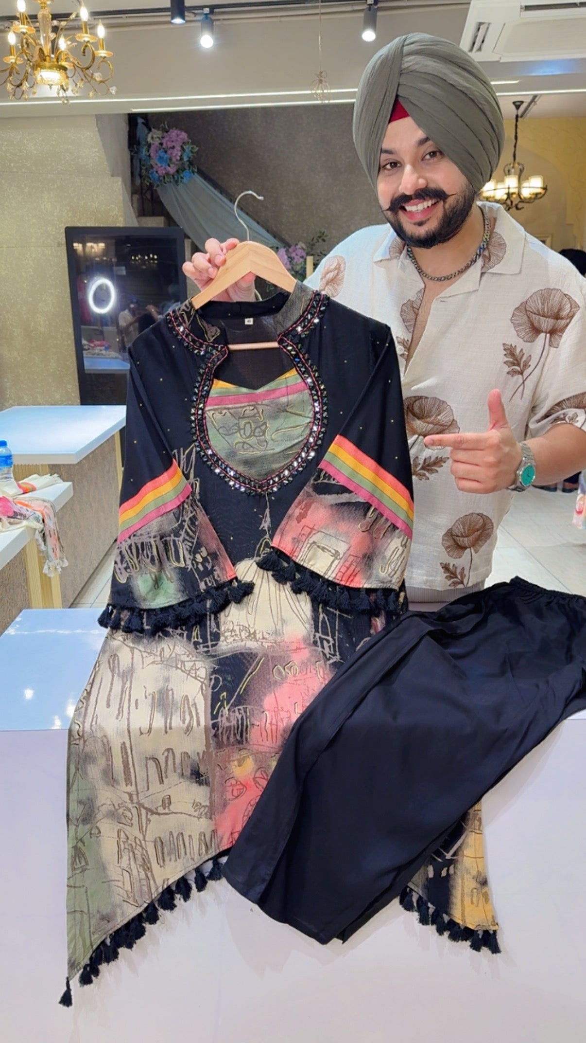 Black Soft Rayon Digital Print  Airport Look Coord set with Mirror Work on Designer Neck