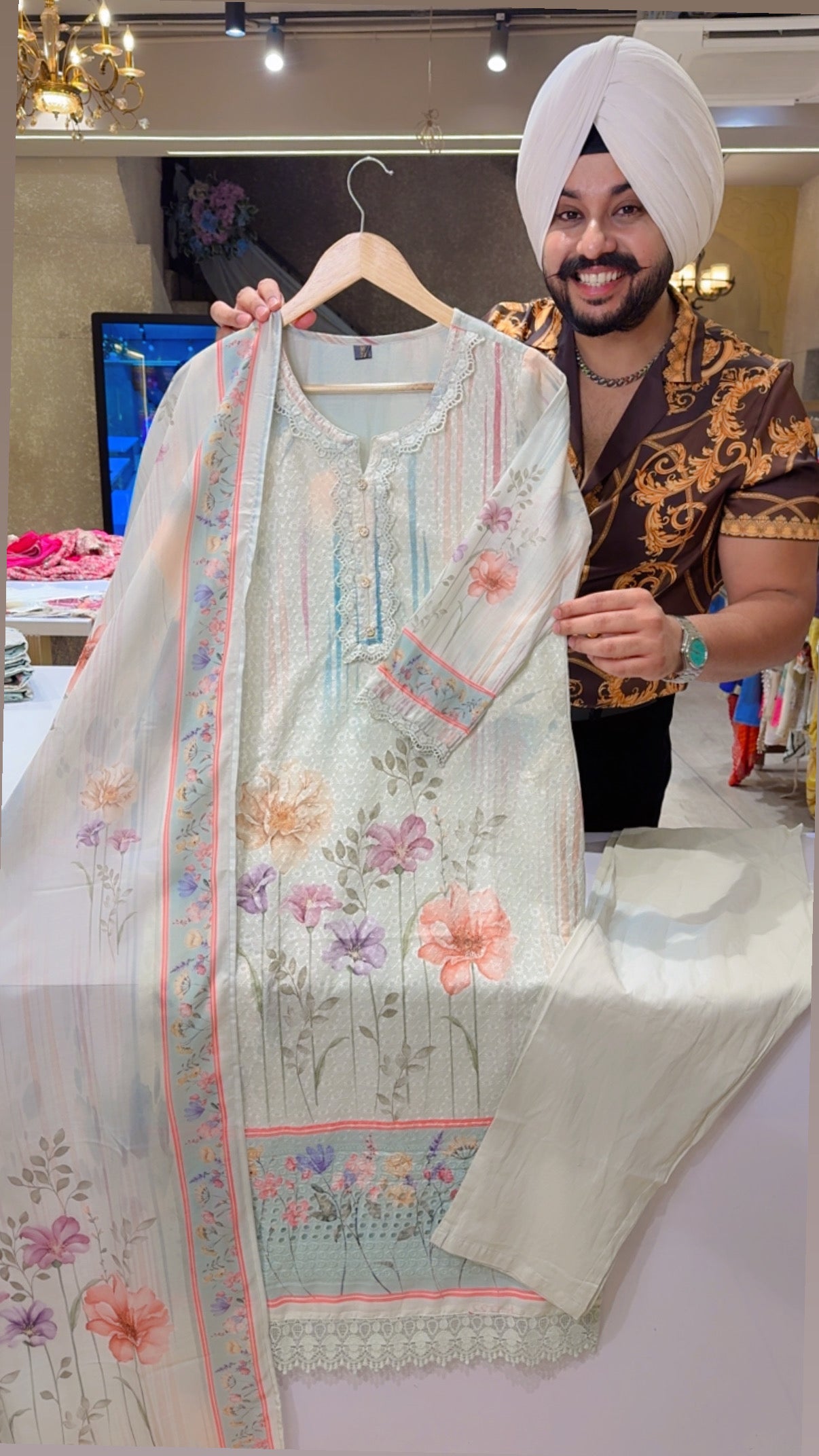 Pastel Floral Print self sequins Semi Formal Straight suit with Beautiful Duppata