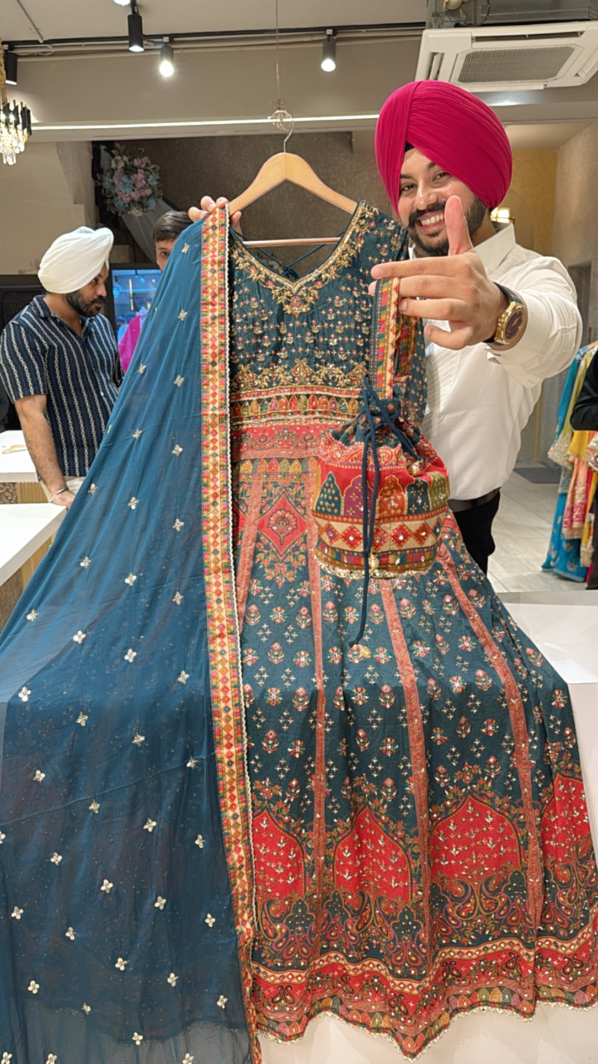 Teel Crepe Heavy Hand embroidered & Mirror Pasting Anarkali Gown with Beautiful Sequins work Duppata & Potli