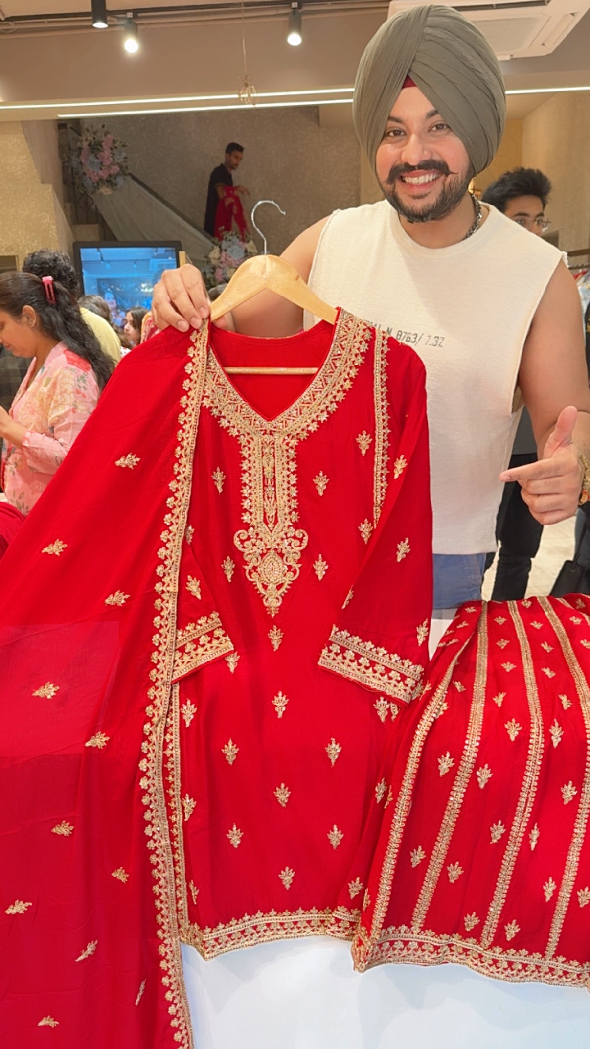 Vibrant Red Chinon Fully Embroidered Full Flair Sharara Set with beautiful Duppata