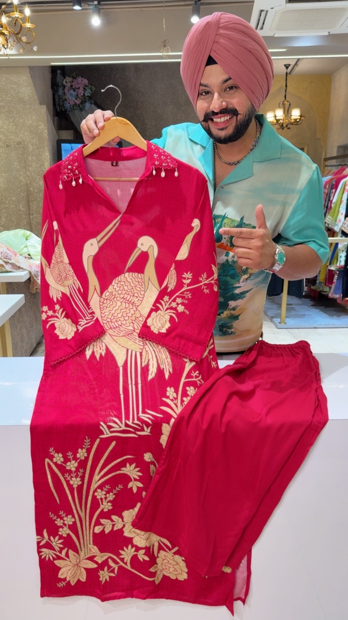 Hot Pink Rayon Flamingo Print Long Length Coord set with Sleek Hand embroidery work On Collar