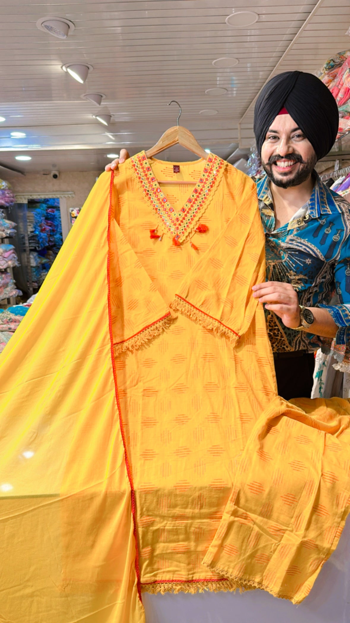 Yellow pure Corton Pakistani suit with Beautiful Chinon Duppata