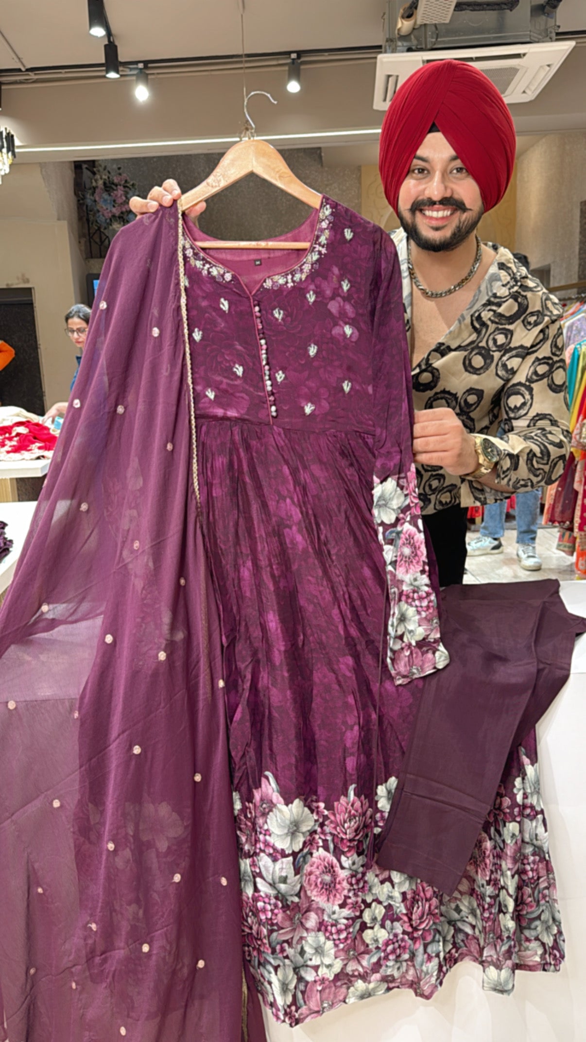 Dark Wine Chinon  Floral Print Hand embroidered Full Flair Anarkali suit with beautiful Sequins work Duppata