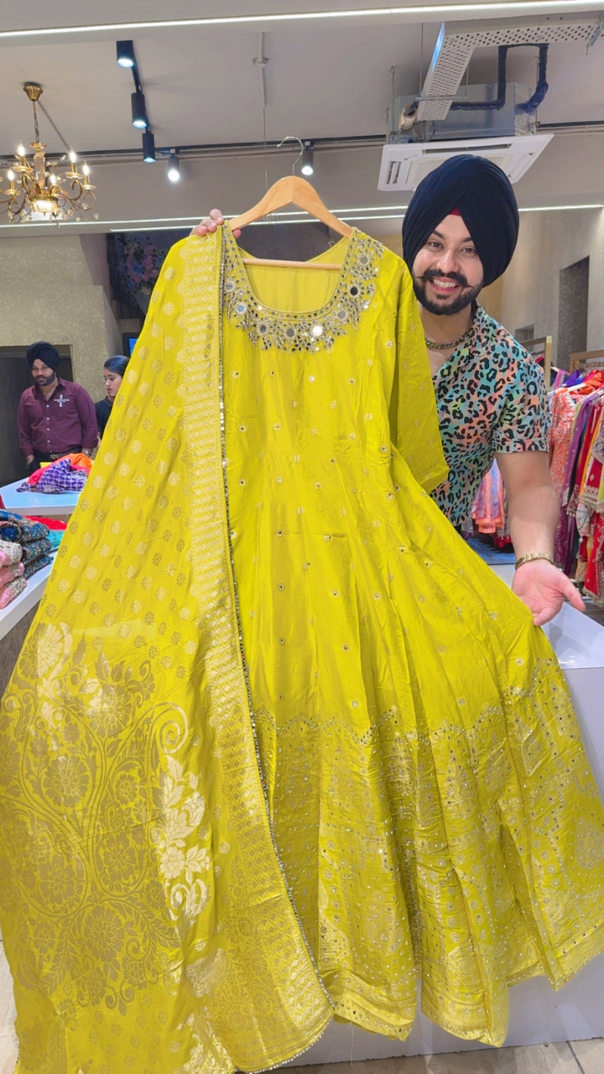 Lime Colour Soft Silk Full Flair Hand Embroidered & Mirror Pasting Anarkali Gown With Heavy Banarasi Border & Duppata