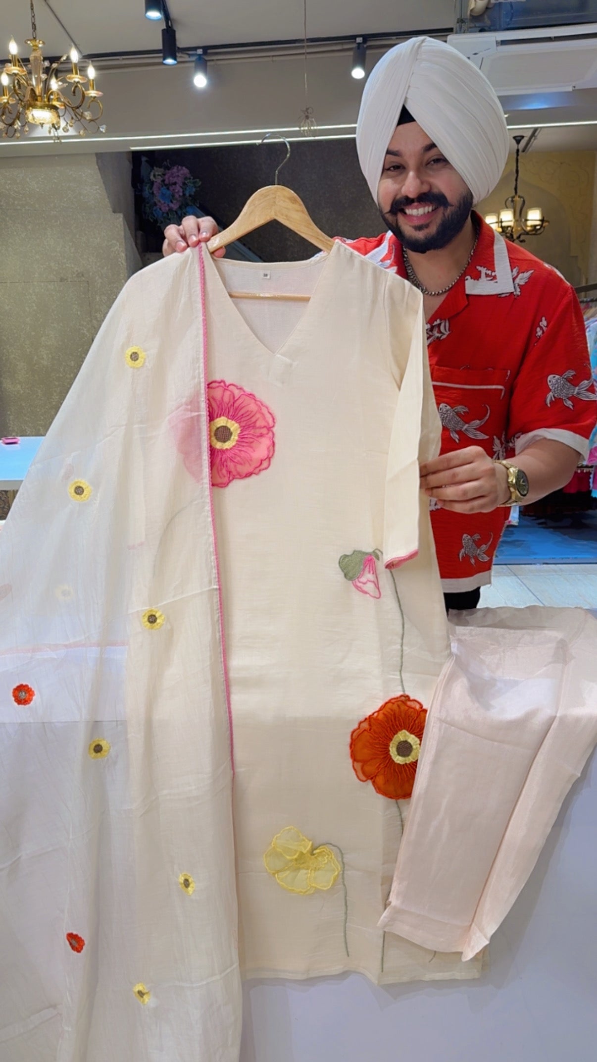 Light Beige Mal Chanderi Floral Embroidered Patch work Semi Formal Suit with Beautiful Duppata