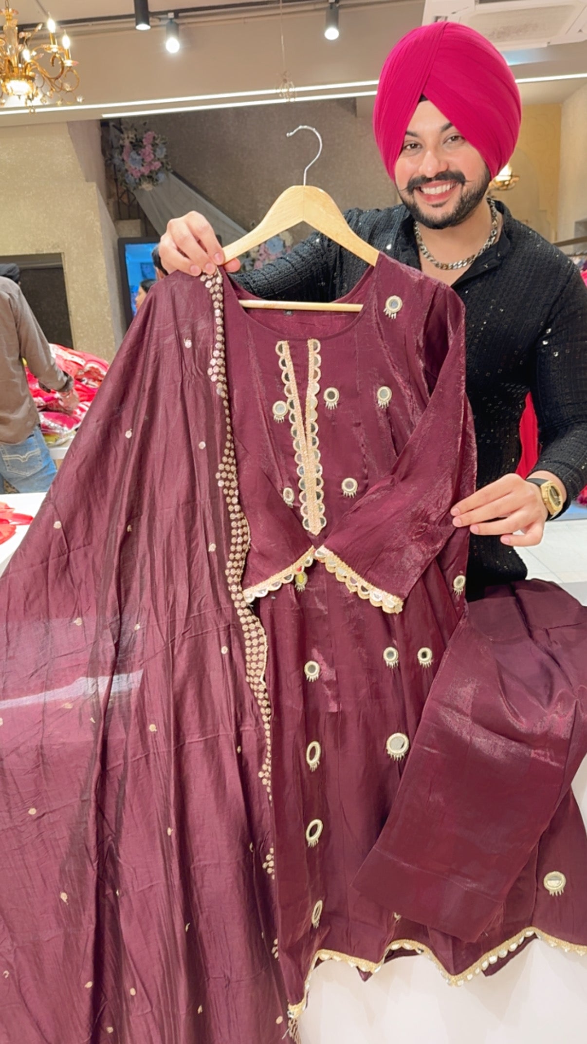 Winish Marron Glass Tissue Heavy Mirror Work Short Anarkali Suit with Embroidered Silk Duppata