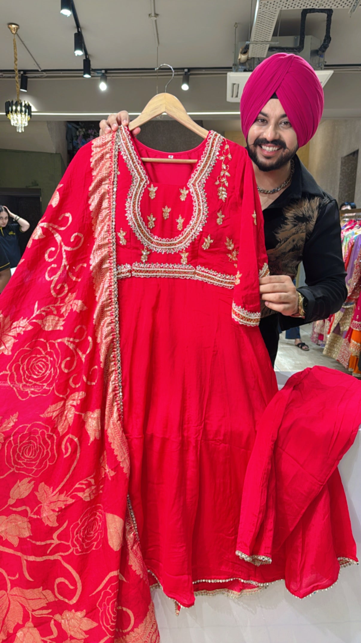Anaari Red Chinon Heavy Hand Embroidered Anarkali Suit with Designer Sleeves & Banarsi look Duppata