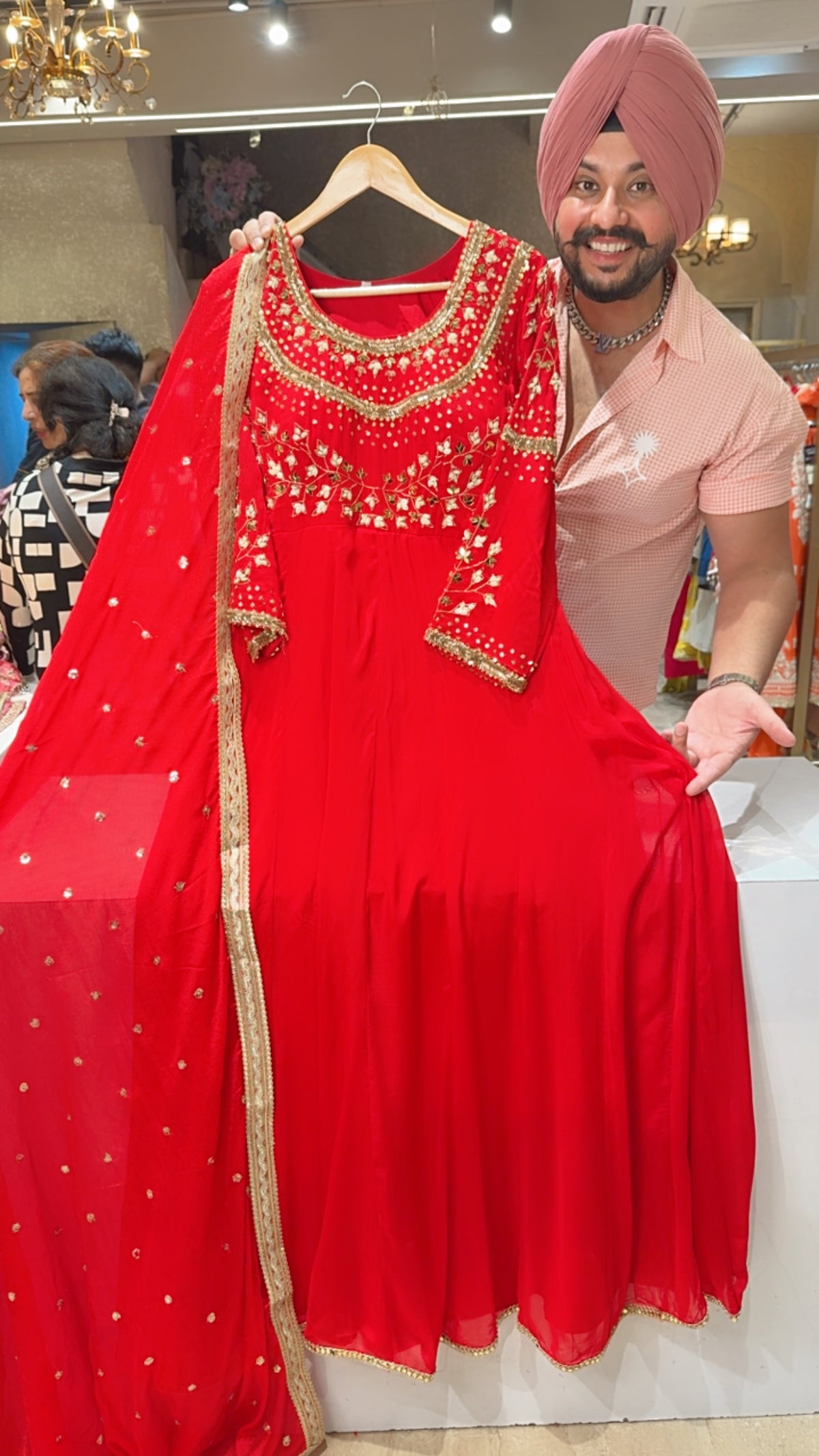 Red Chinon Hand Embroidered & Pearl Work Padded Full Flair Anarkali Gown
