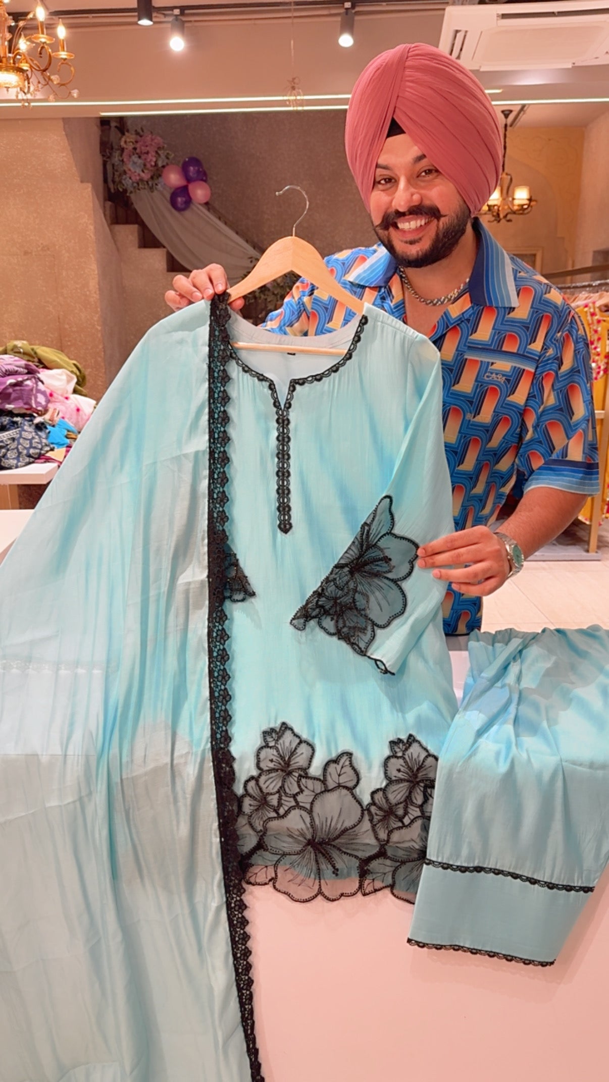 Ice Blue Mal Chanderi Flower Embroidered Farshi Salwar Suit