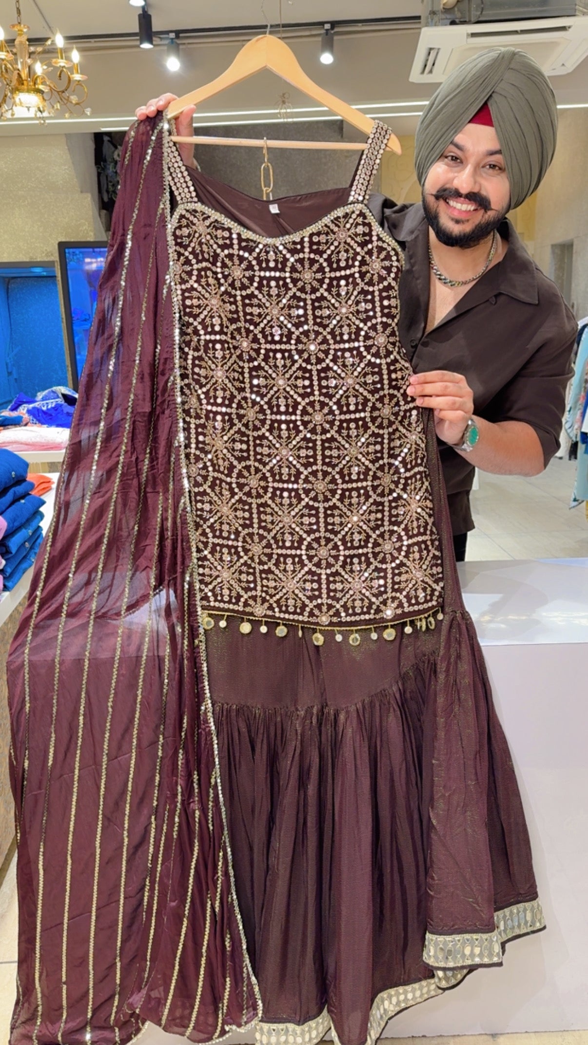 Winish Dark Brown Georgette & Shimmer Silk Full Flair Strap Sleeves Garara set with Heavy Hand embroidery Work on It