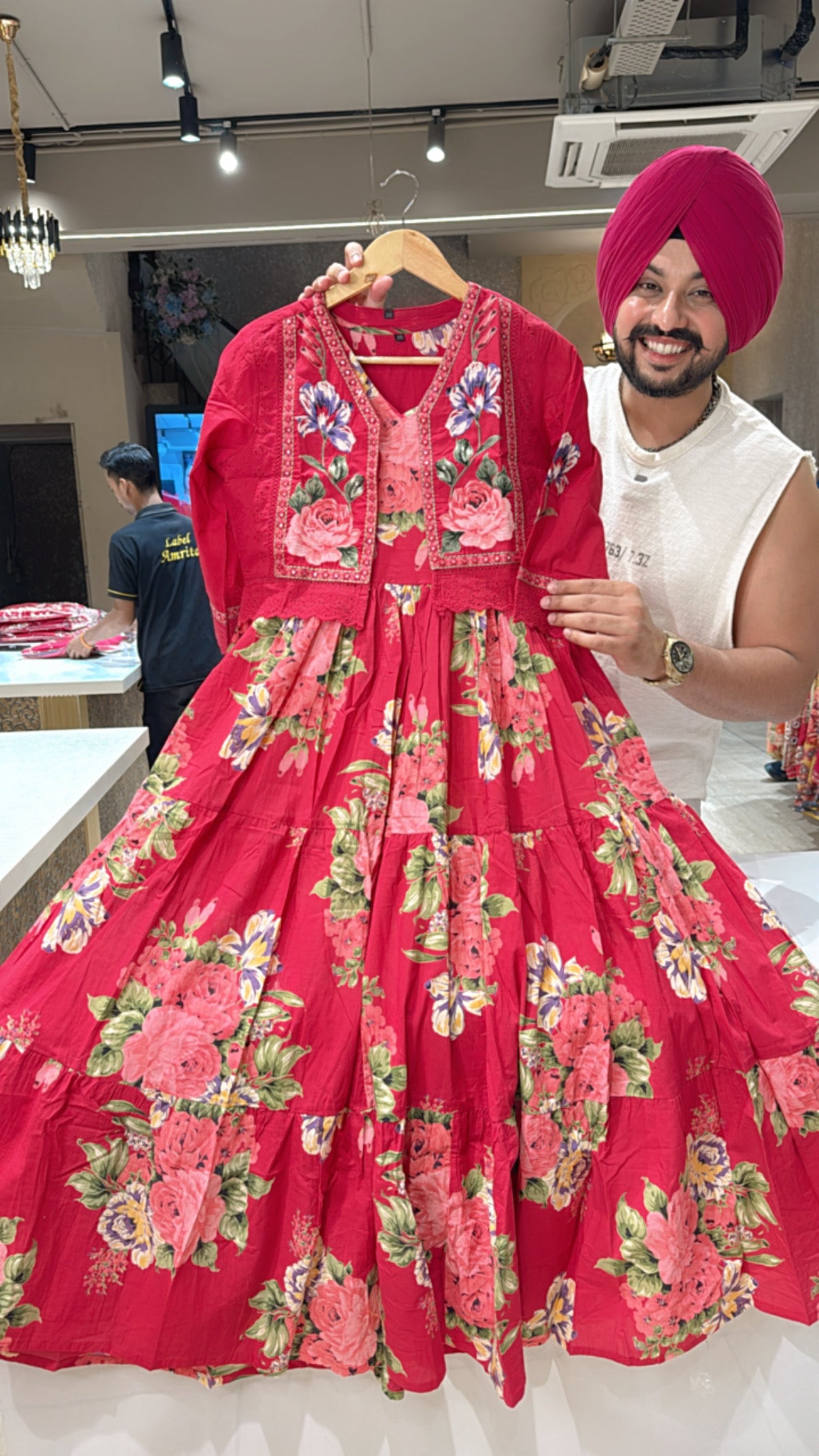 Hot Pink Pure Cotton Full Flair Indo Western Dress with embroidered Short Jacket
