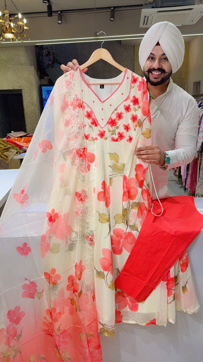 Lemon Yellow Mal Cotton Designer Halter Neck Angrakha Embroidered Anarkali Suit with Tie & Dye Kota Doria Duppata