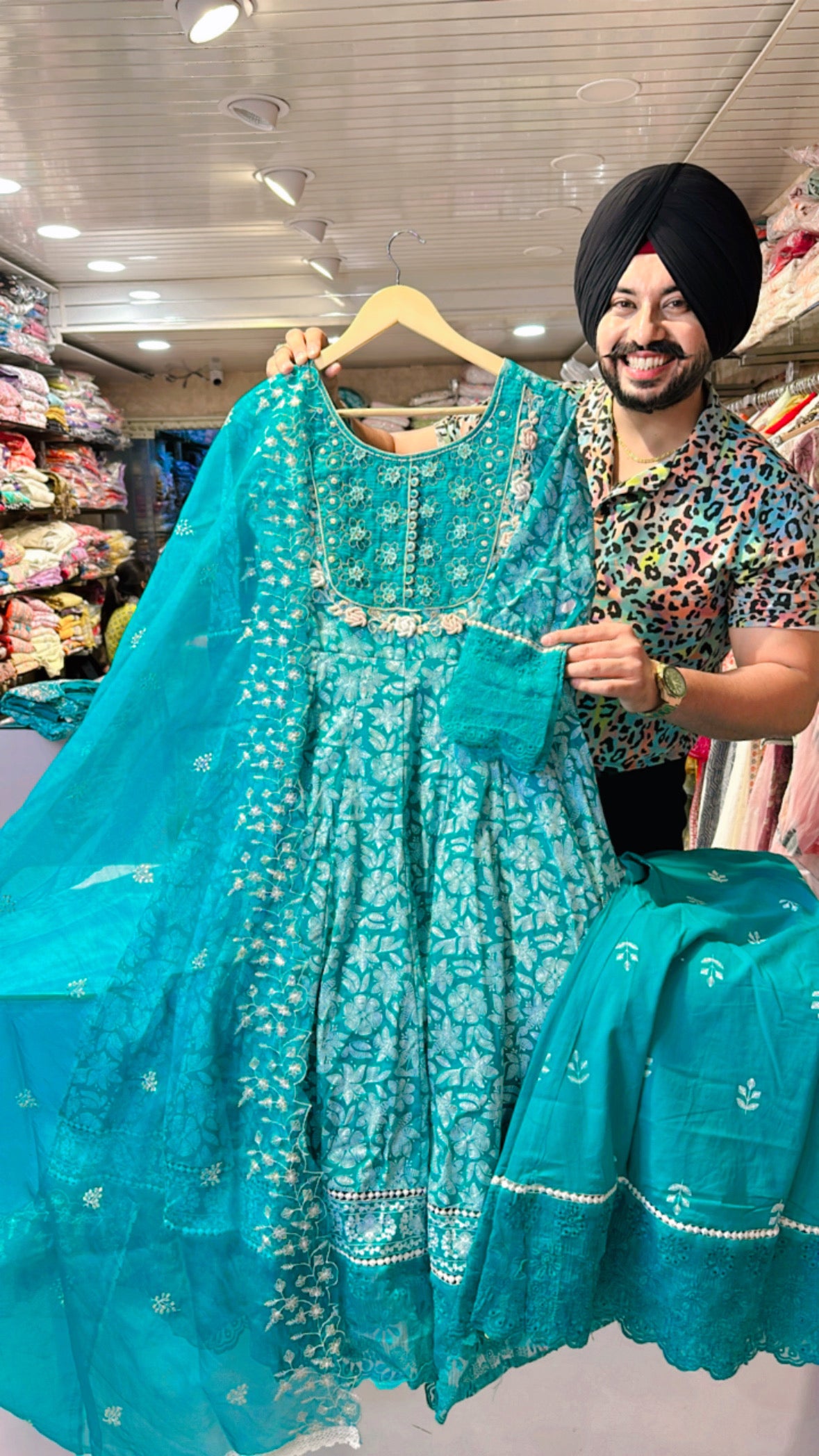 Rama green Sharara Anarkali embroidered suit with Beautiful Organza Duppata (dry clean only)