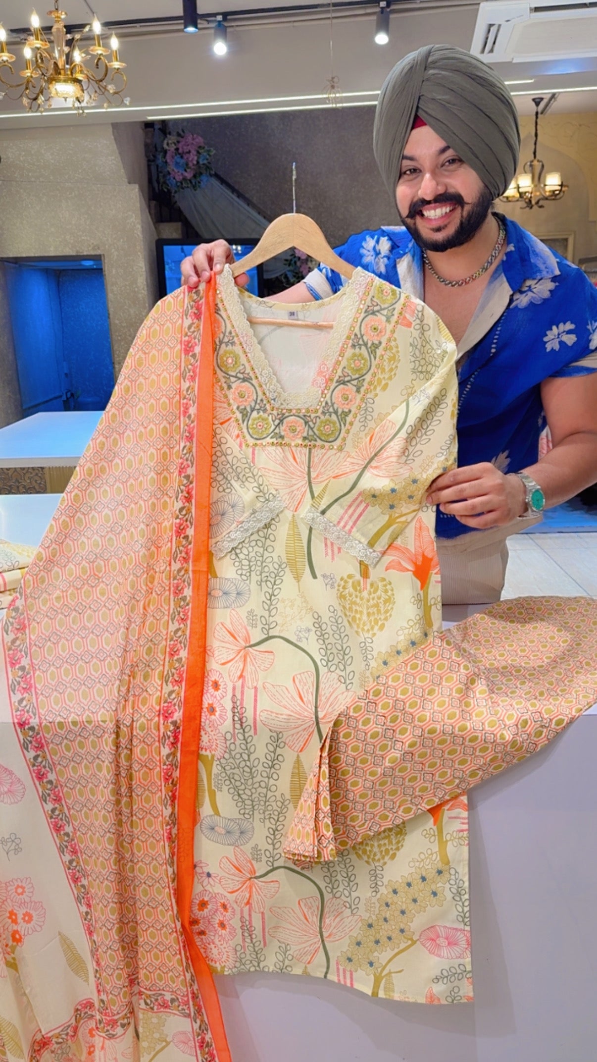 Cream & Multicolored Cottton Floral Print Semiformal Suit with Beautiful embroidery on neck