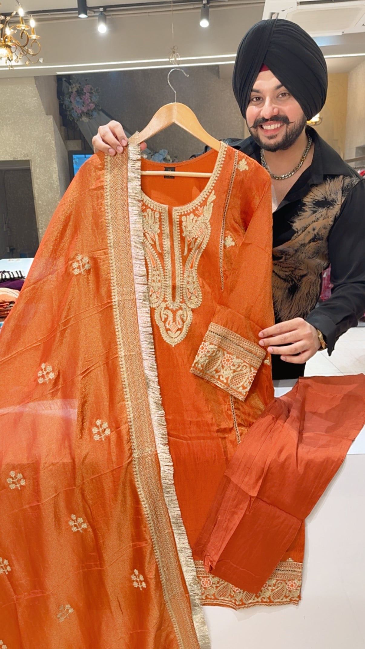 Rust Shimmer Silk Heavy embroidered Straight Suit with Heavy kiran Lace & Embroidered Duppata