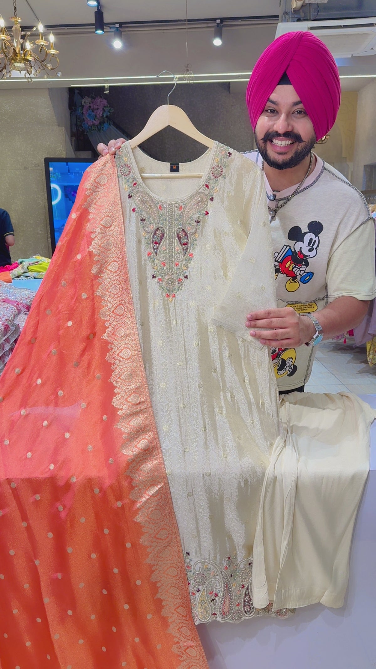 Ivory Jaquard Silk Hand embroidered Partywear Suit with Peach Banarasi Look Duppata