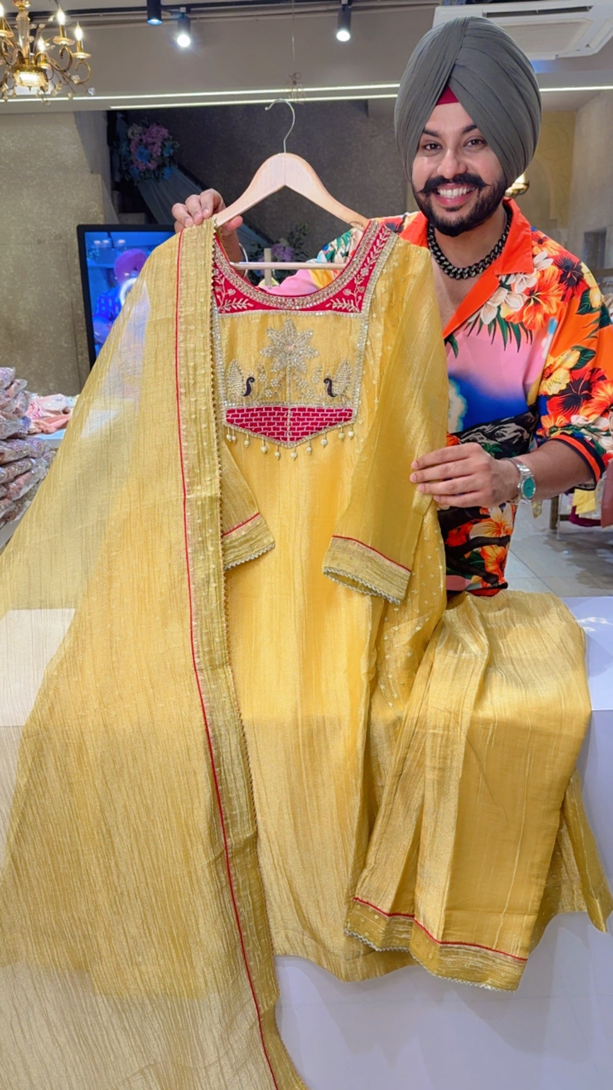 Goldenish yellow Shimmer Silk Tissue Hand embroidered  A-line Partywear Anarkali Suit