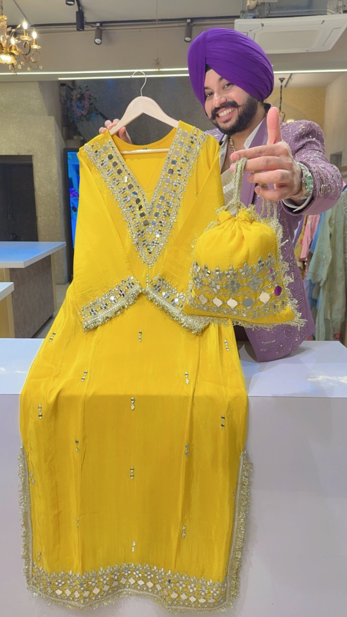 Yellow Shimmer Silk Heavy Mirror & Gotta work Straight Long Dress with Cute Mirror work Potli