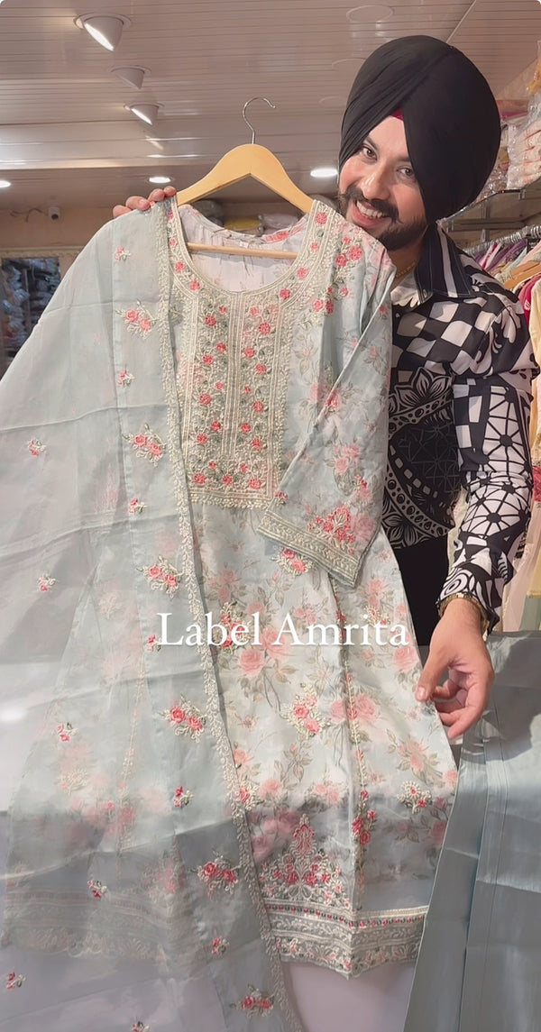 English brown Soft Organza Fully Embroidered & Cutwork Party Wear Straight Suit with Heavy Embroidered Duppata & copper colour Pants main image 0