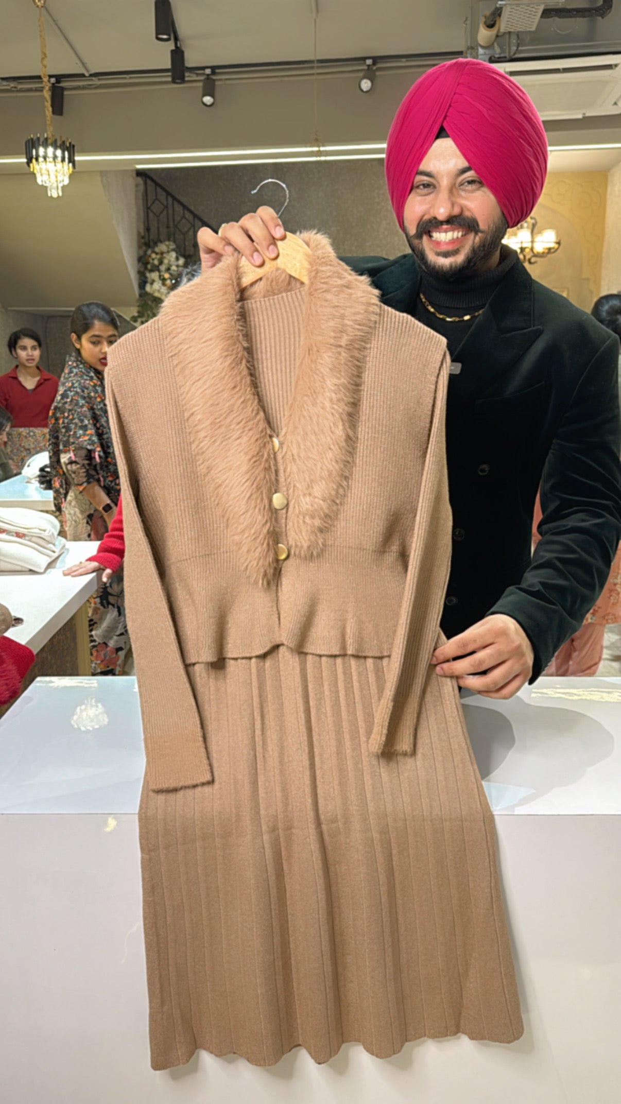 beige Imported Strechable woolen Knee Length Dress with Woolen Furr jackets