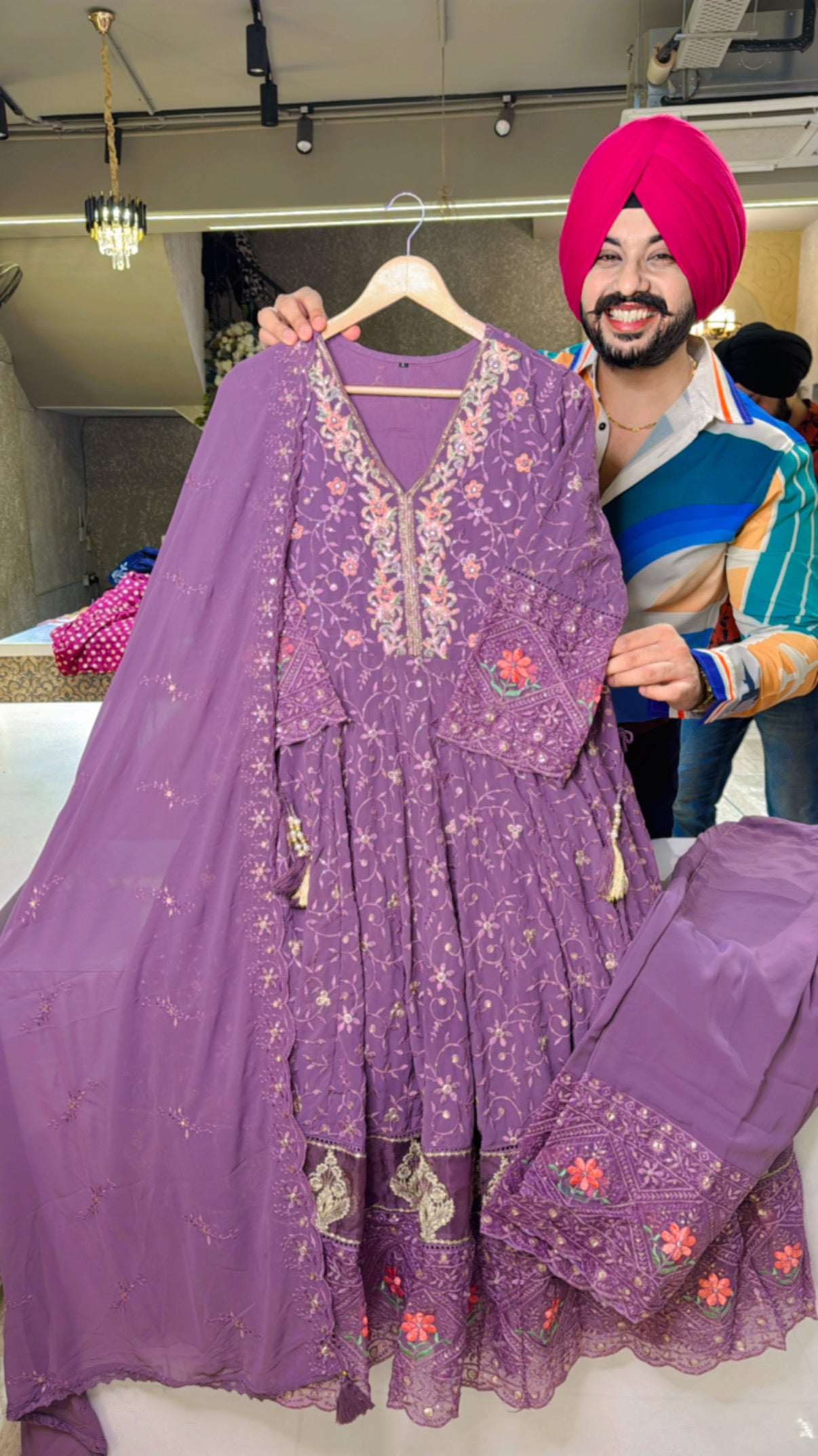 Mauve Georgette Fully embroidered Anarkali Suit With Embroidered Pants & Duppata