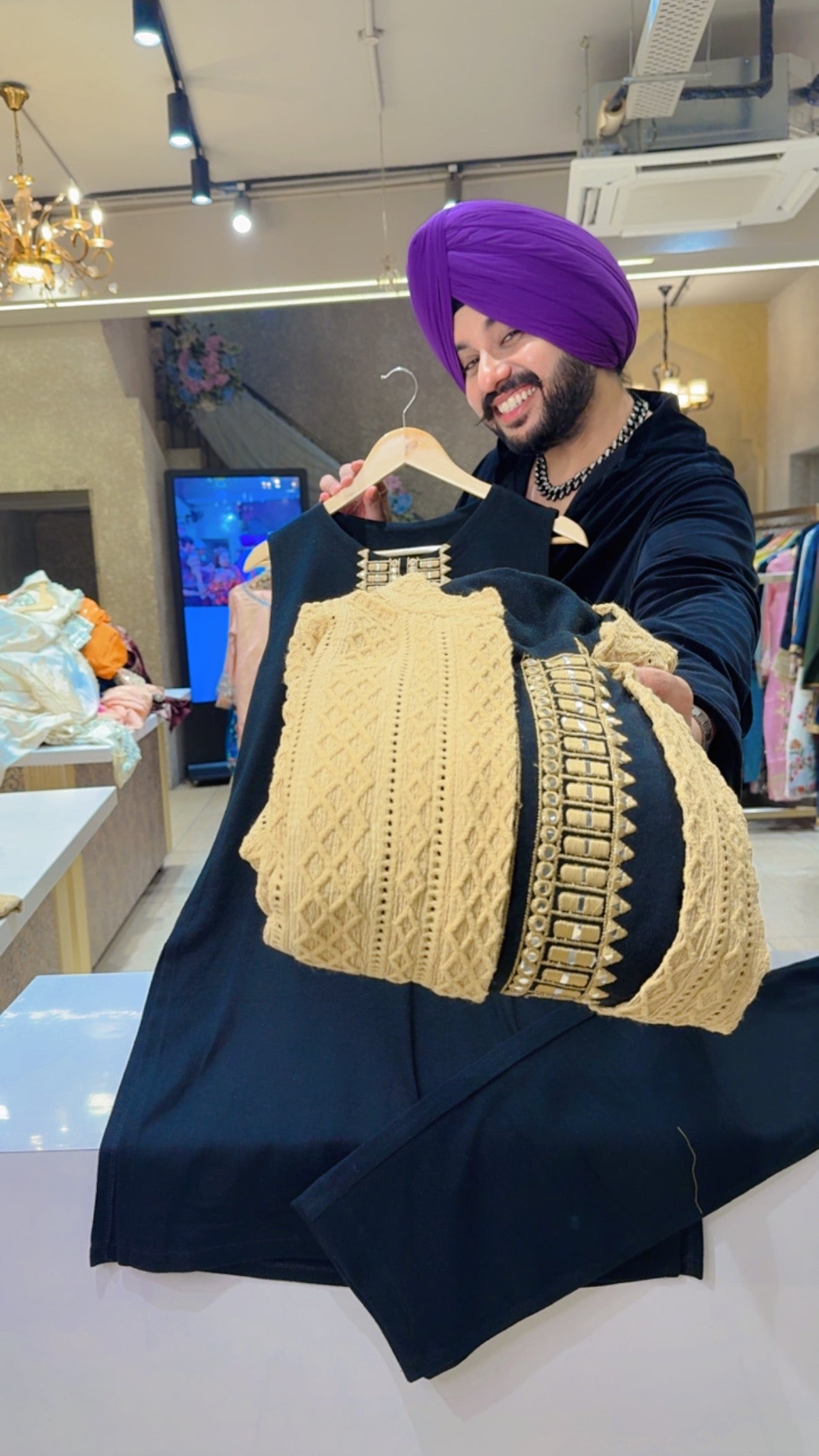 Black & Beige Woolen Long Length Embroidered Coord set with Stylish Shrug