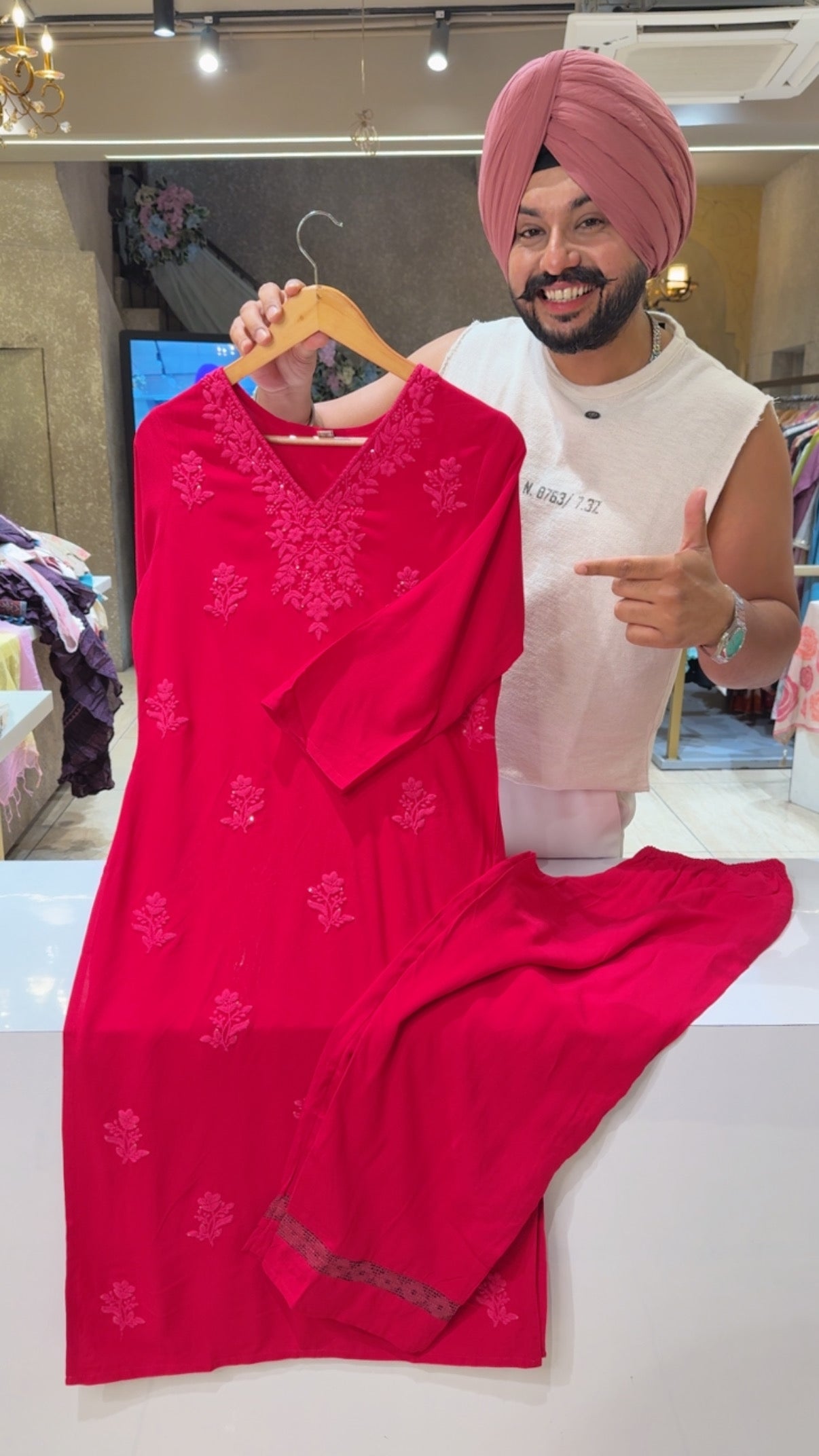 Rani pink Soft Rayon Self Lucknowi Style Embroidered Long Length Coord set