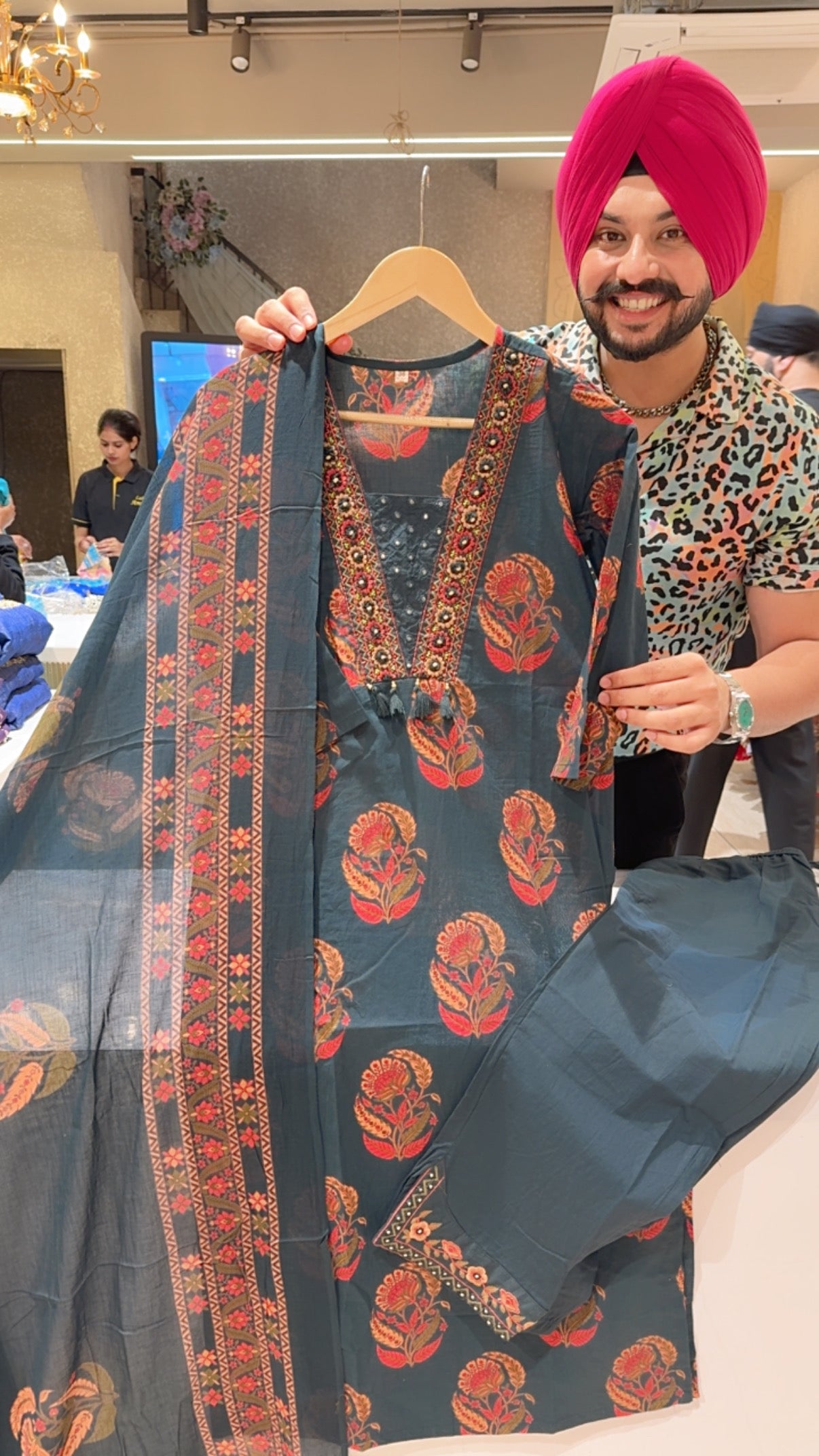 Peacock Colour Pure Cotton Flower Print Straight Suit with Beautiful Hand embroidery work on neck