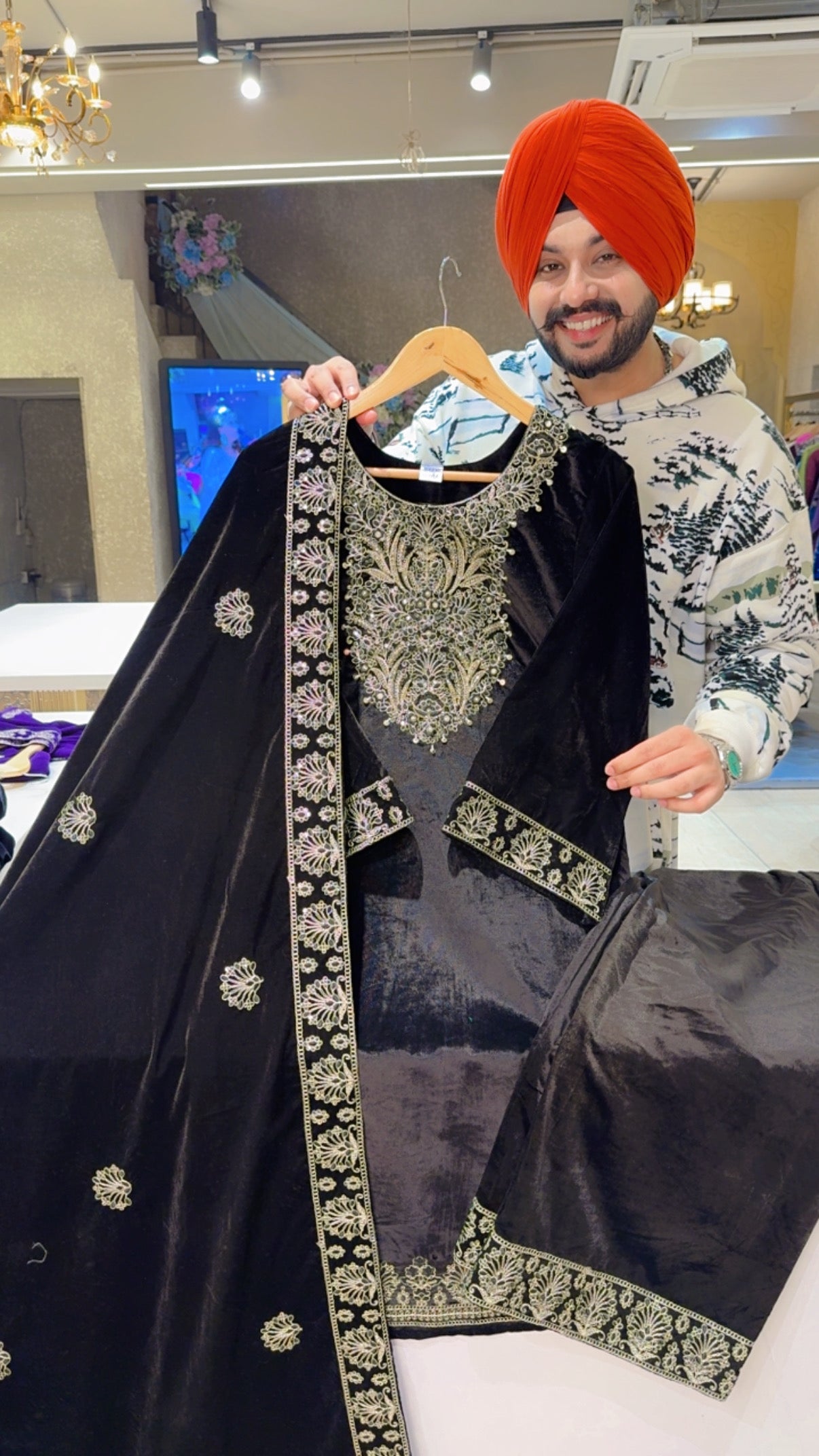 Black Velvet Heavy Embroidered Party wear Straight Plazo suit with Beautiful Heavy Duppata