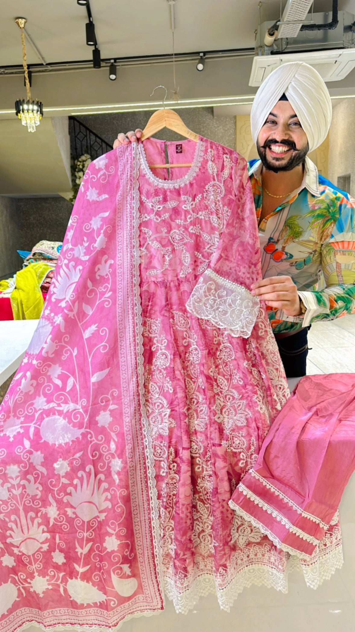 Pink soft organza Fully embroidered Anarkali suit