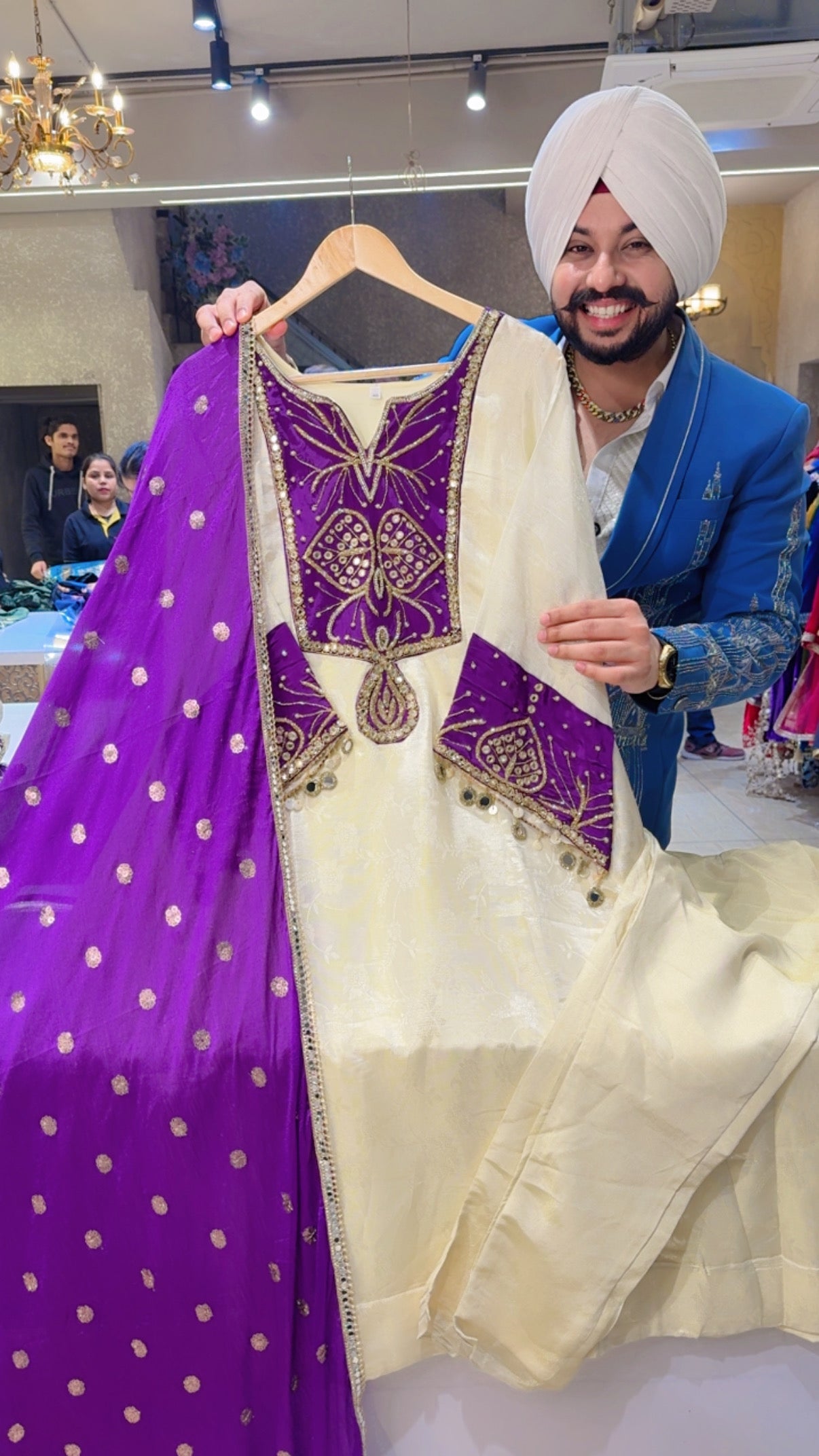 Goldenish Cream Jaquard Silk Hand embroidered Bell Sleeves Anarkali Suit with Beautiful Chinon Sequins work Duppata