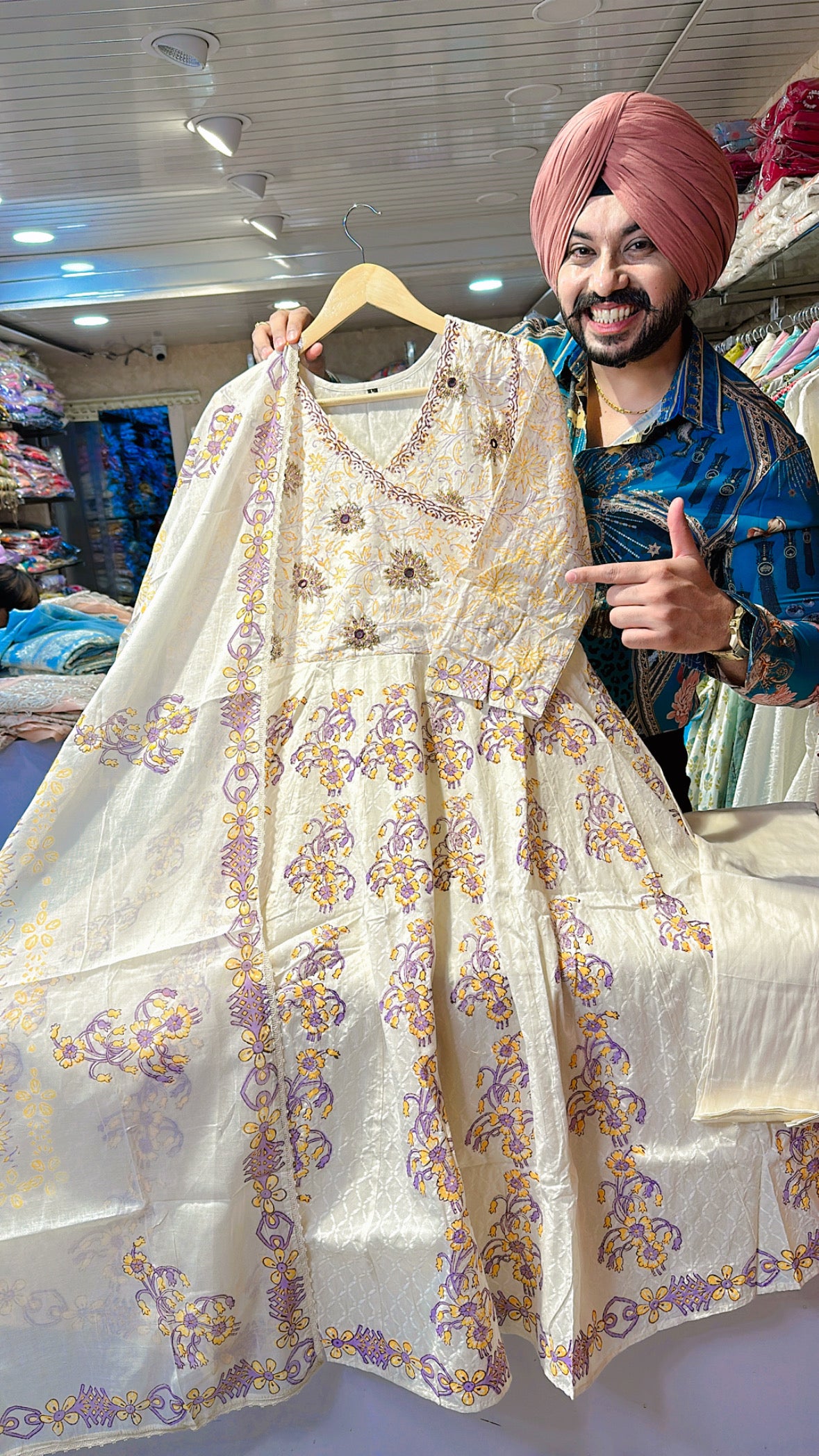 Off white Premium Kora cotton Block Printed Anarkali suit with Beautiful handwork on neck