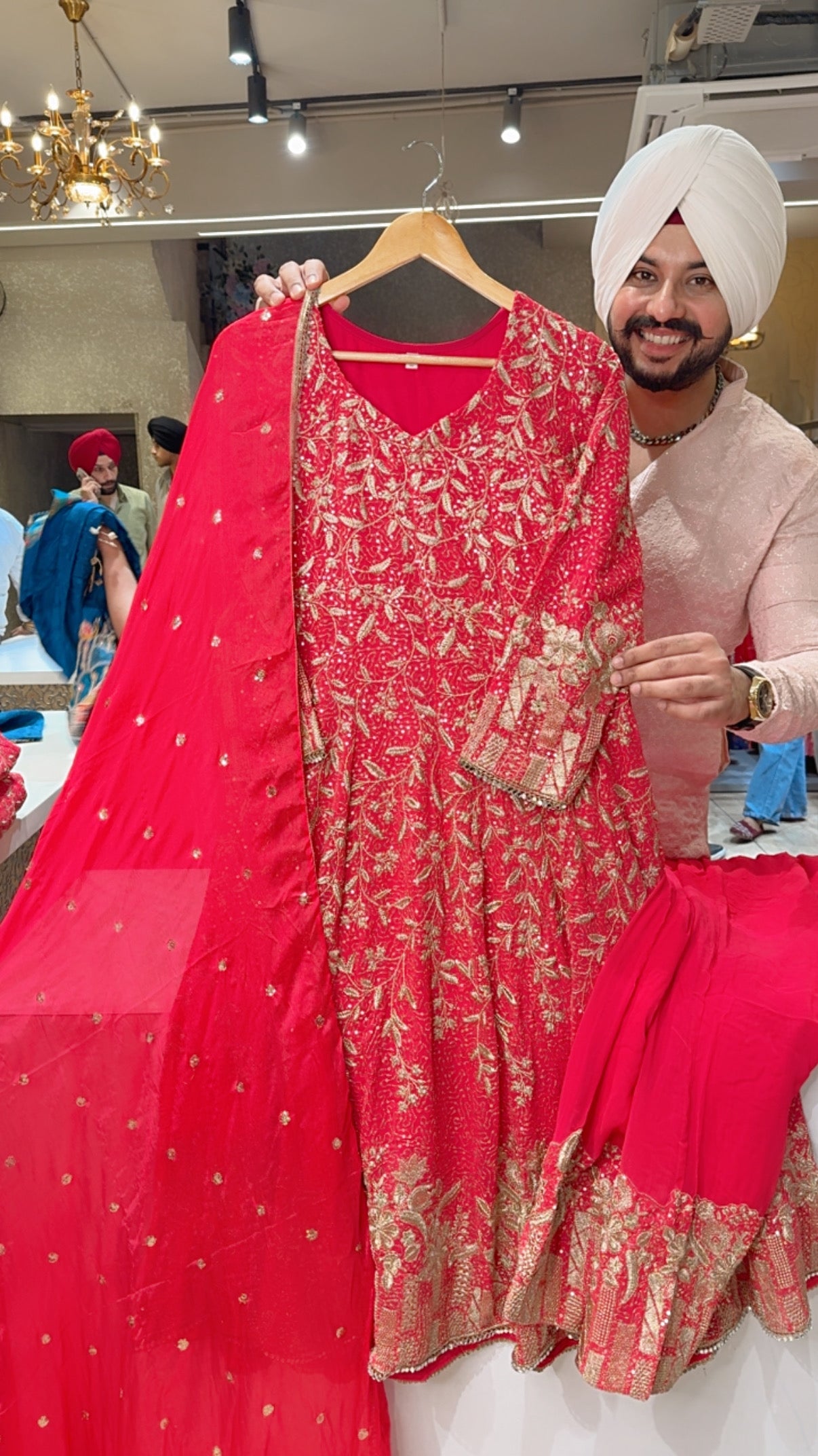 Vibrant Gajri Georgette Heavy Embroidered PartyWear Anarkali Suit with Embroidered Pants & Sequins work Chinon Duppata