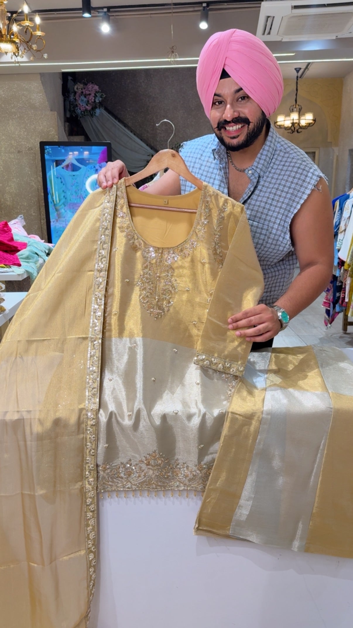 Metallic Golden Shimmer Silk Heavy Hand embroidered Party Wear Sharara Suit