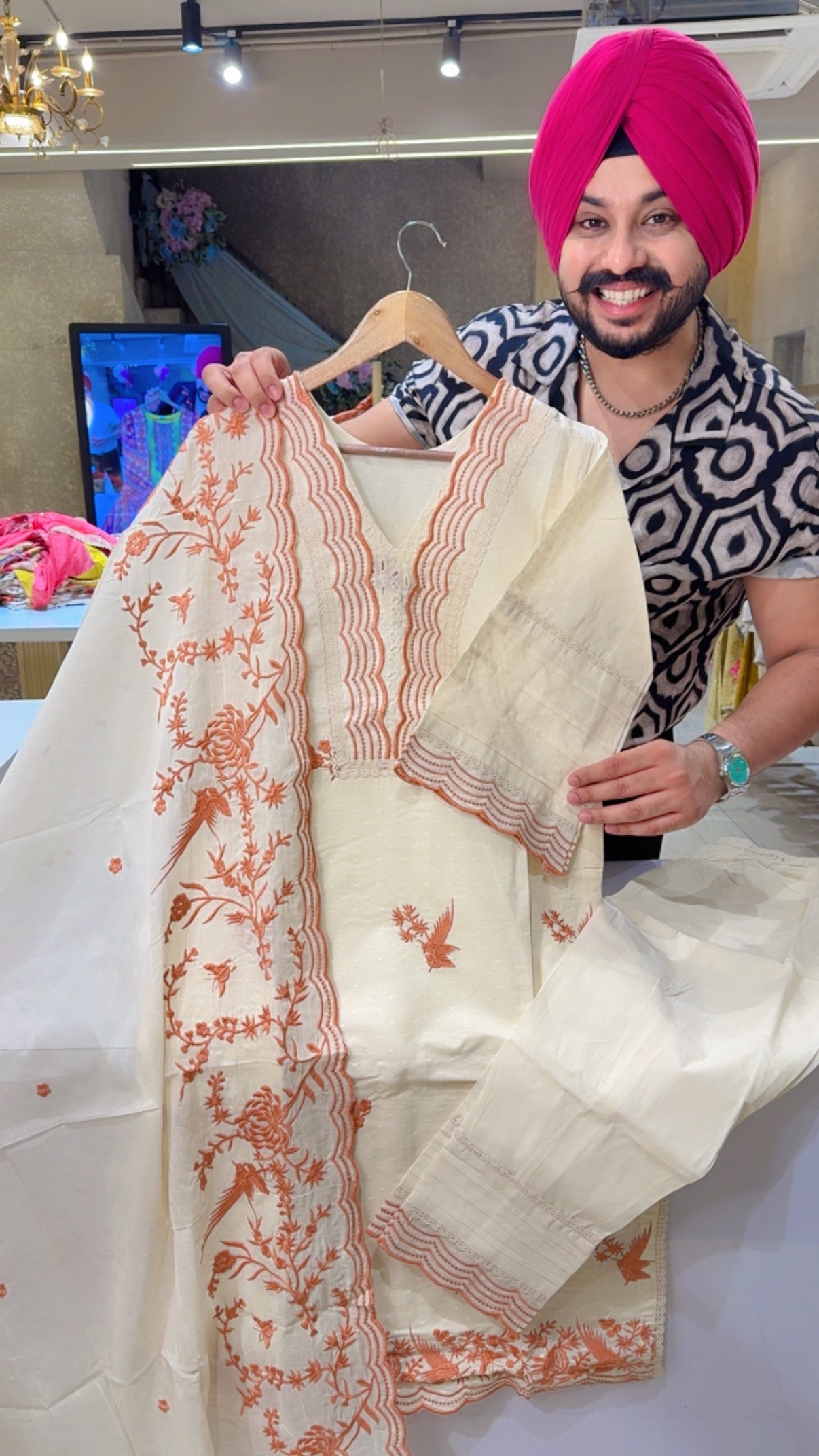 Off white & Rust Kora Cotton Summerish Royal suits With Beautiful embroidery on It