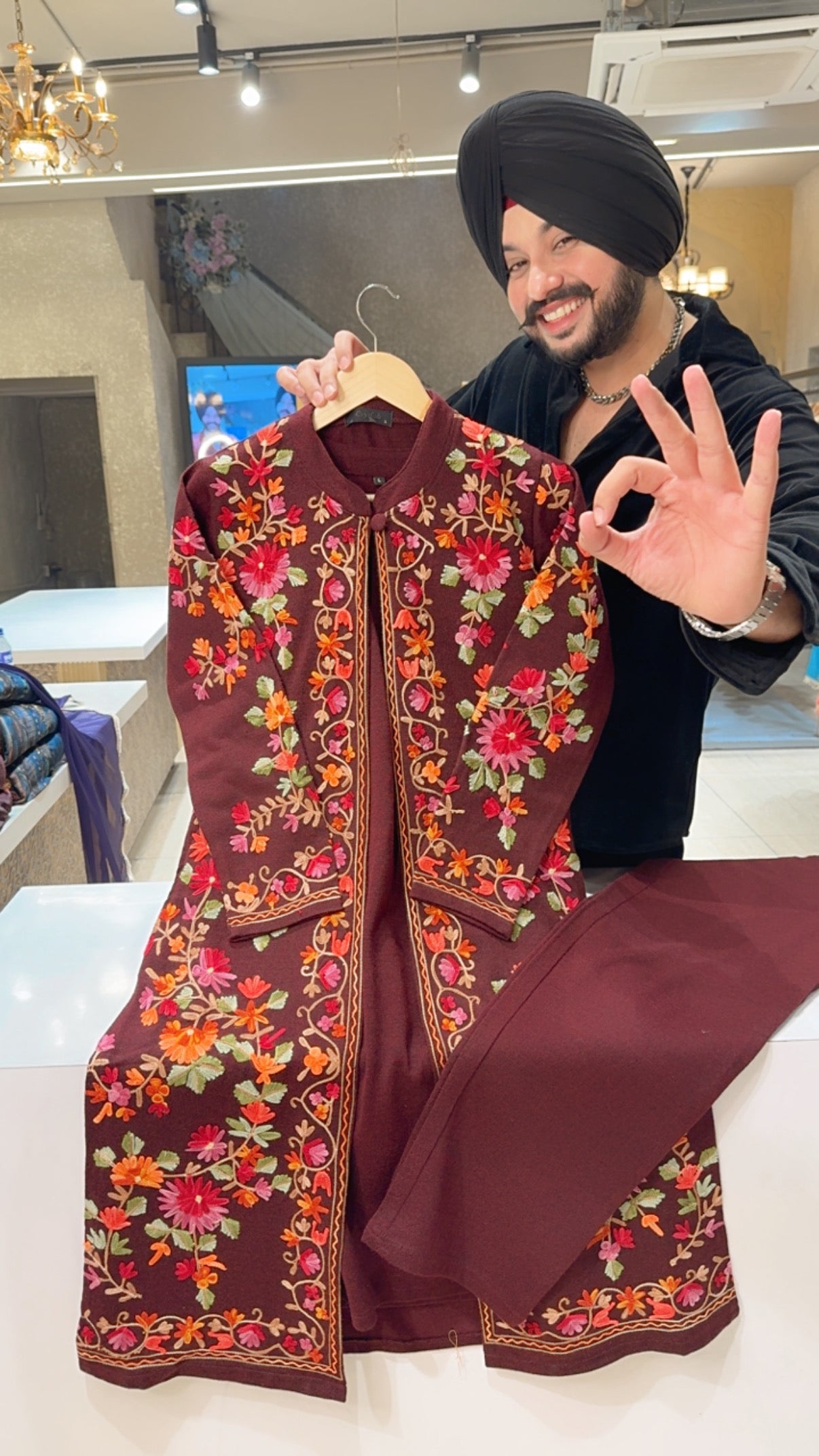 Maroon Woolen Long length Coord set With Heavy Kashmiri Embroidered Shrug