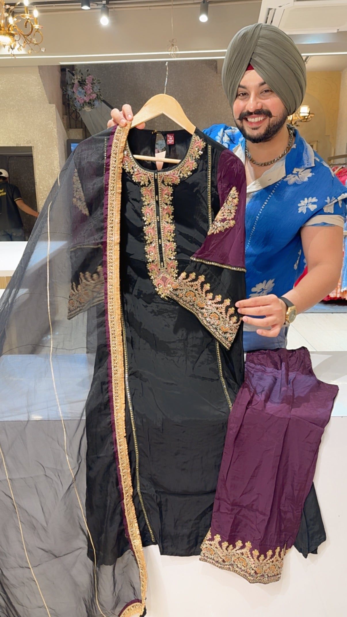 Black & Dark wine Pure Crepe Heavy embroidered Kashmiri Suit with Beautiful Organza Duppata