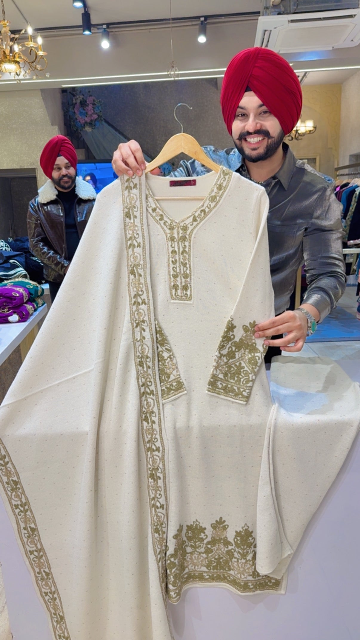 Off white Knitting Woolen Heavy embroidered Party Wear Straight Suit with Beautiful Wollen Duppata