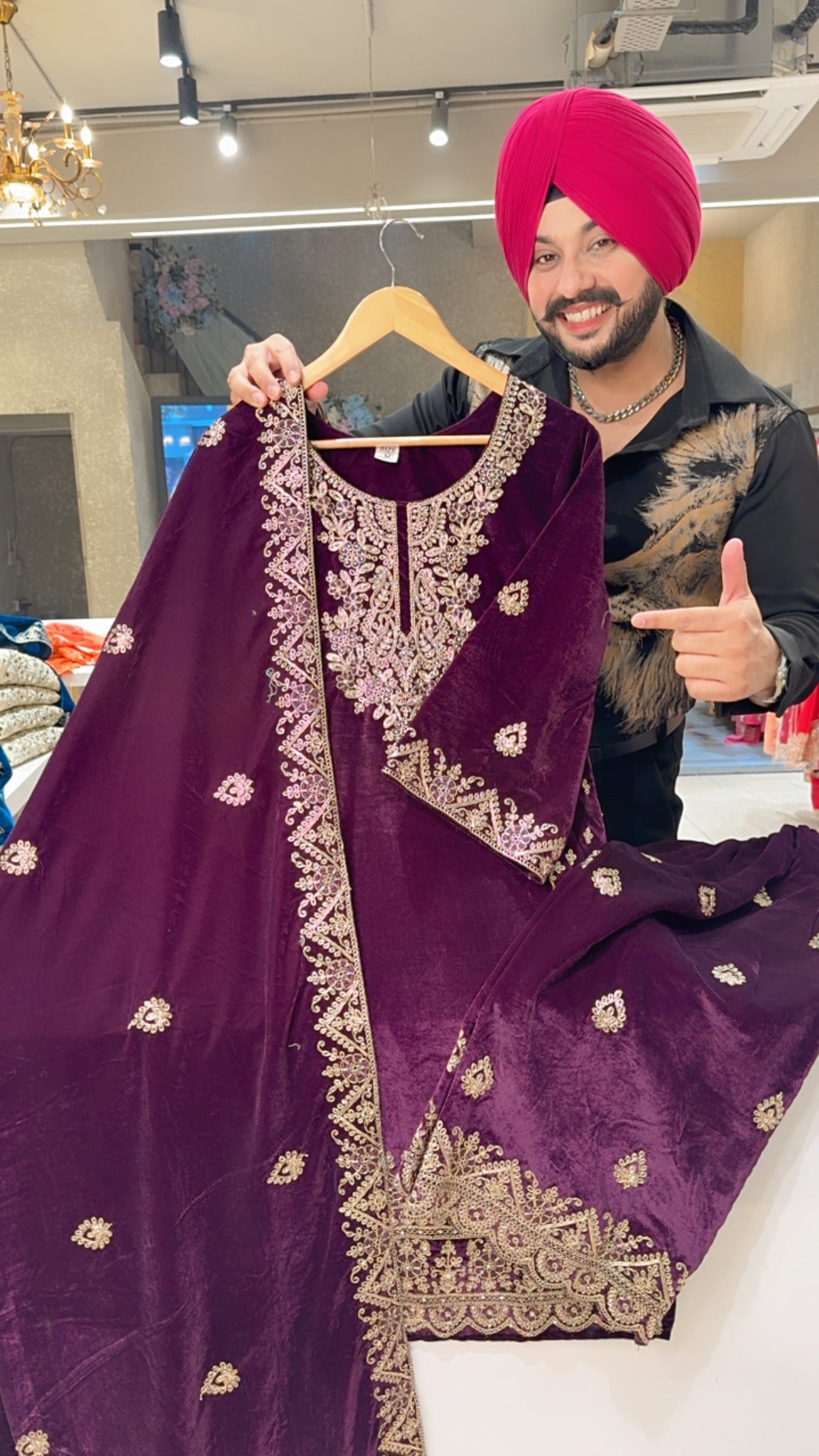 Wine Velvet Heavy Embroidered Kashmiri Suits with Beautiful Embroidered Duppata