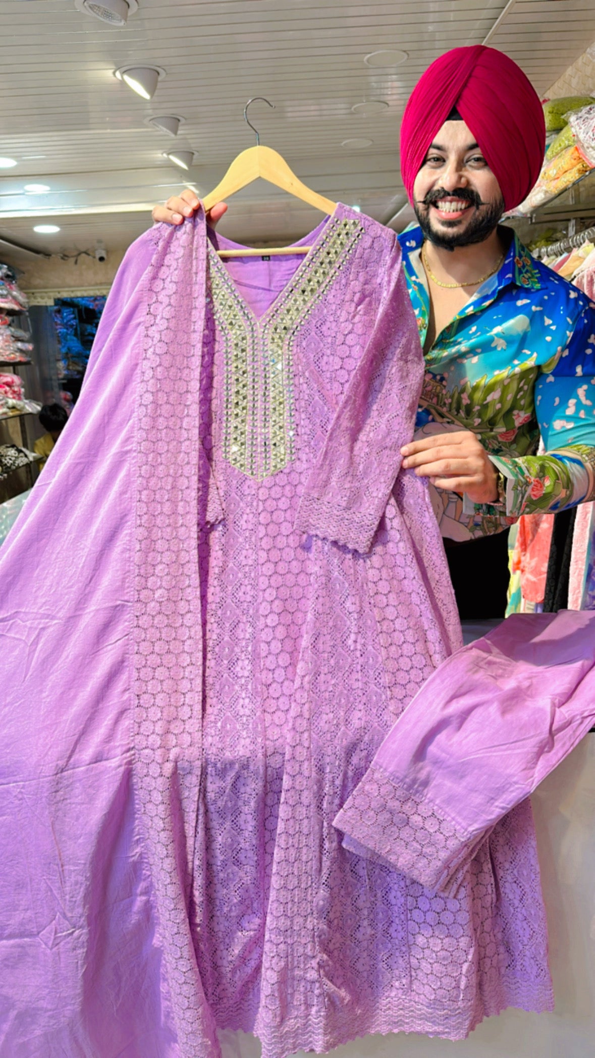 Lavender Crochet lace Anarkali suit with Beautiful Mirror work on neck