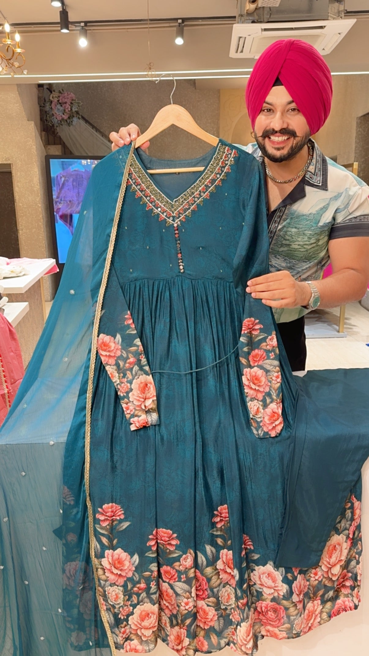 Peacock Chinon Floral Print Girlish Anarkali Suit With Beautiful hand embroidery work on Neck