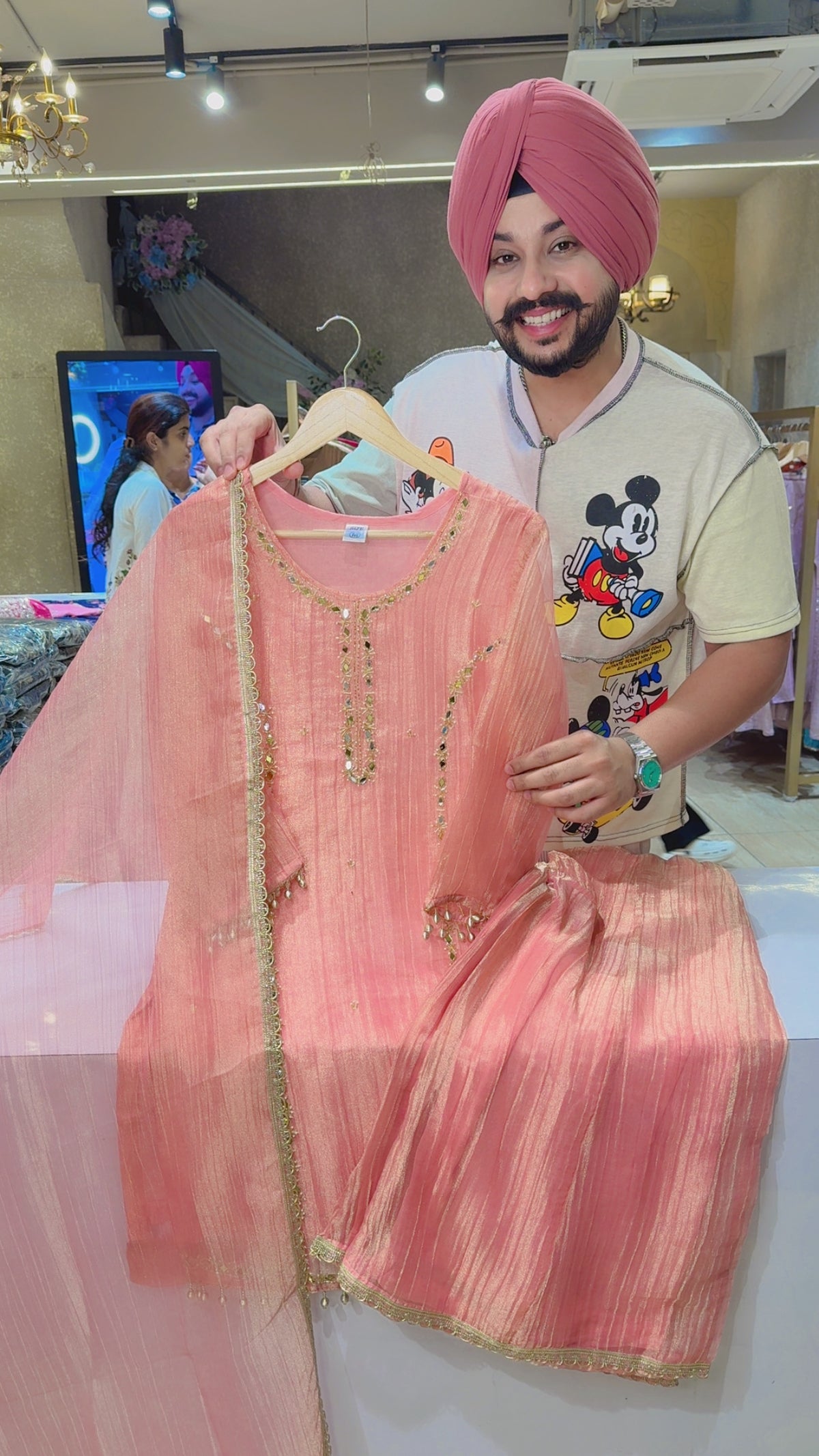 Peachish Pink Salsa Fabric Mirror Hand embroidered Plazo Suit