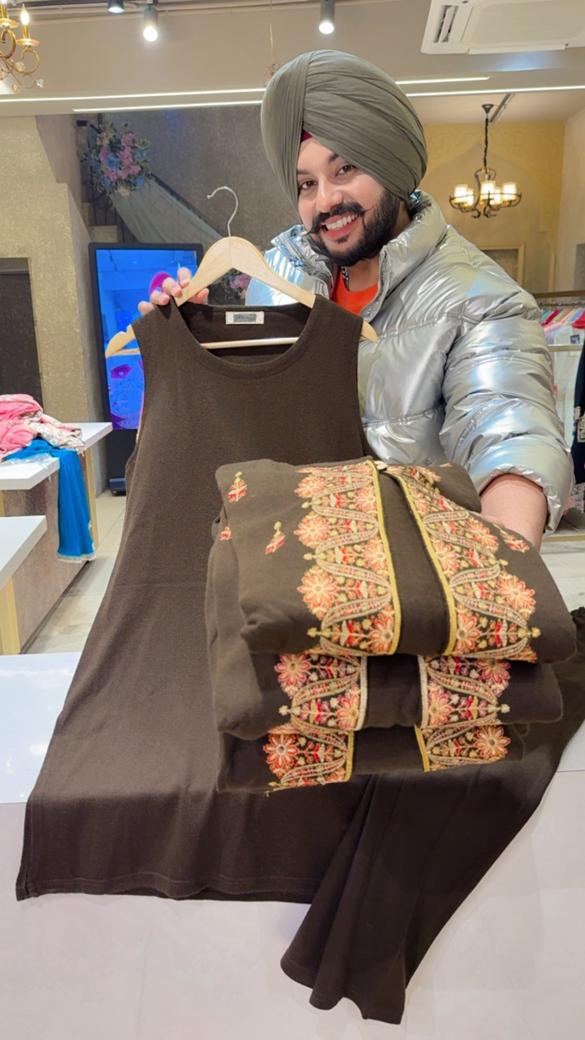 Dark Brown Woolen Long length Coord set With Heavy Kashmiri Embroidered Shrug