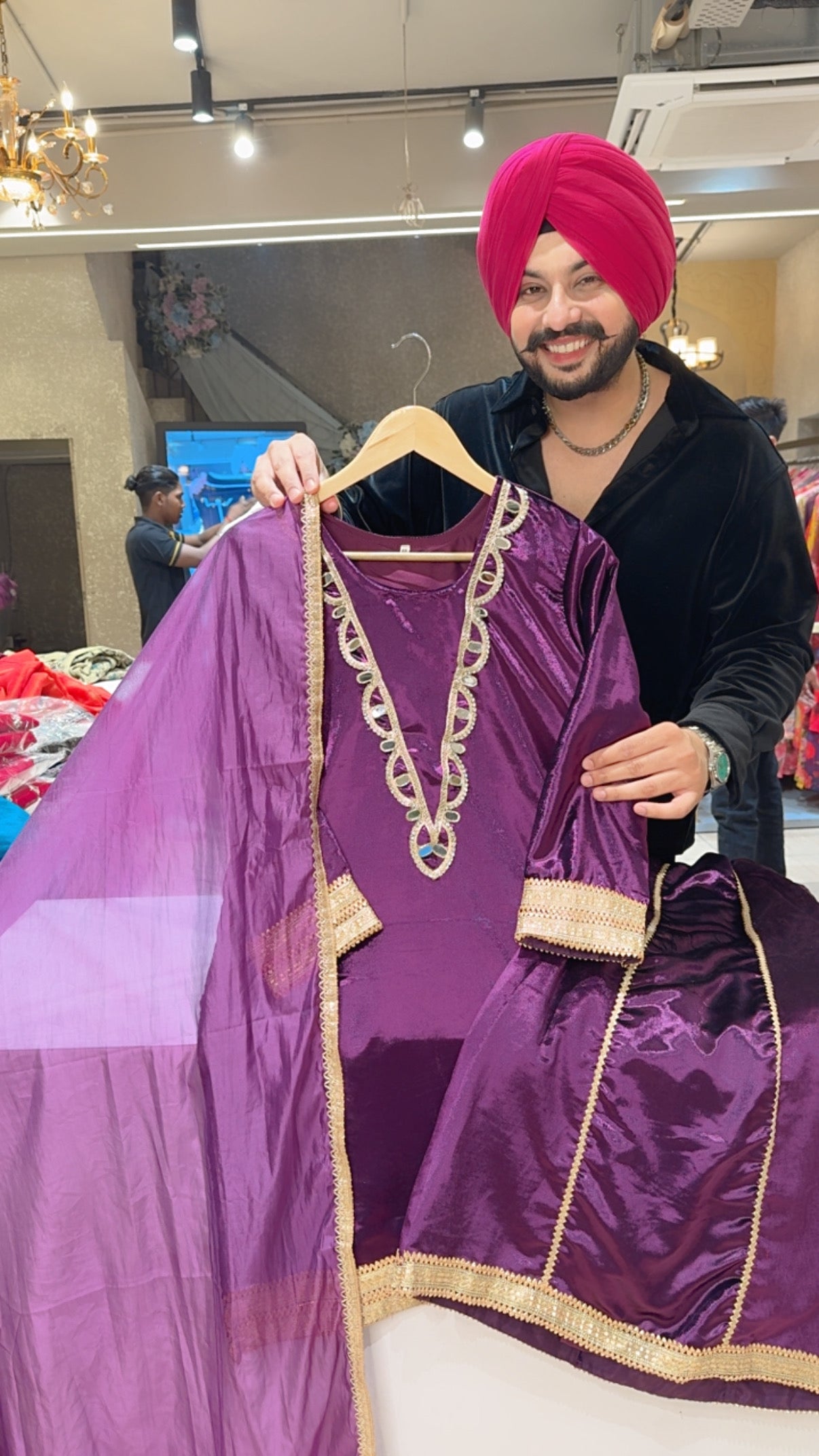 Purple Glossy Velvet Party Wear Sharara Set with soft Organza Duppata