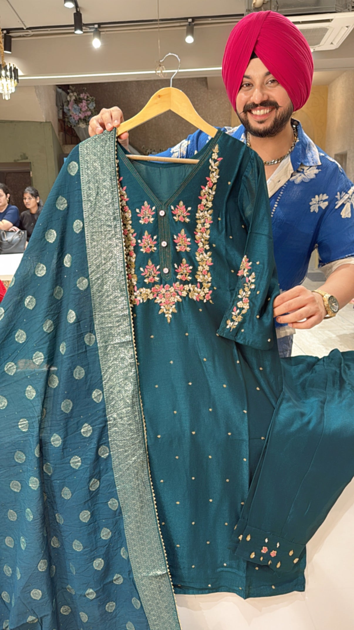 Dark RamaGreen Chinon Heavy Hand embroidered Straight Suit With Beautiful Banarasi Look Duppata