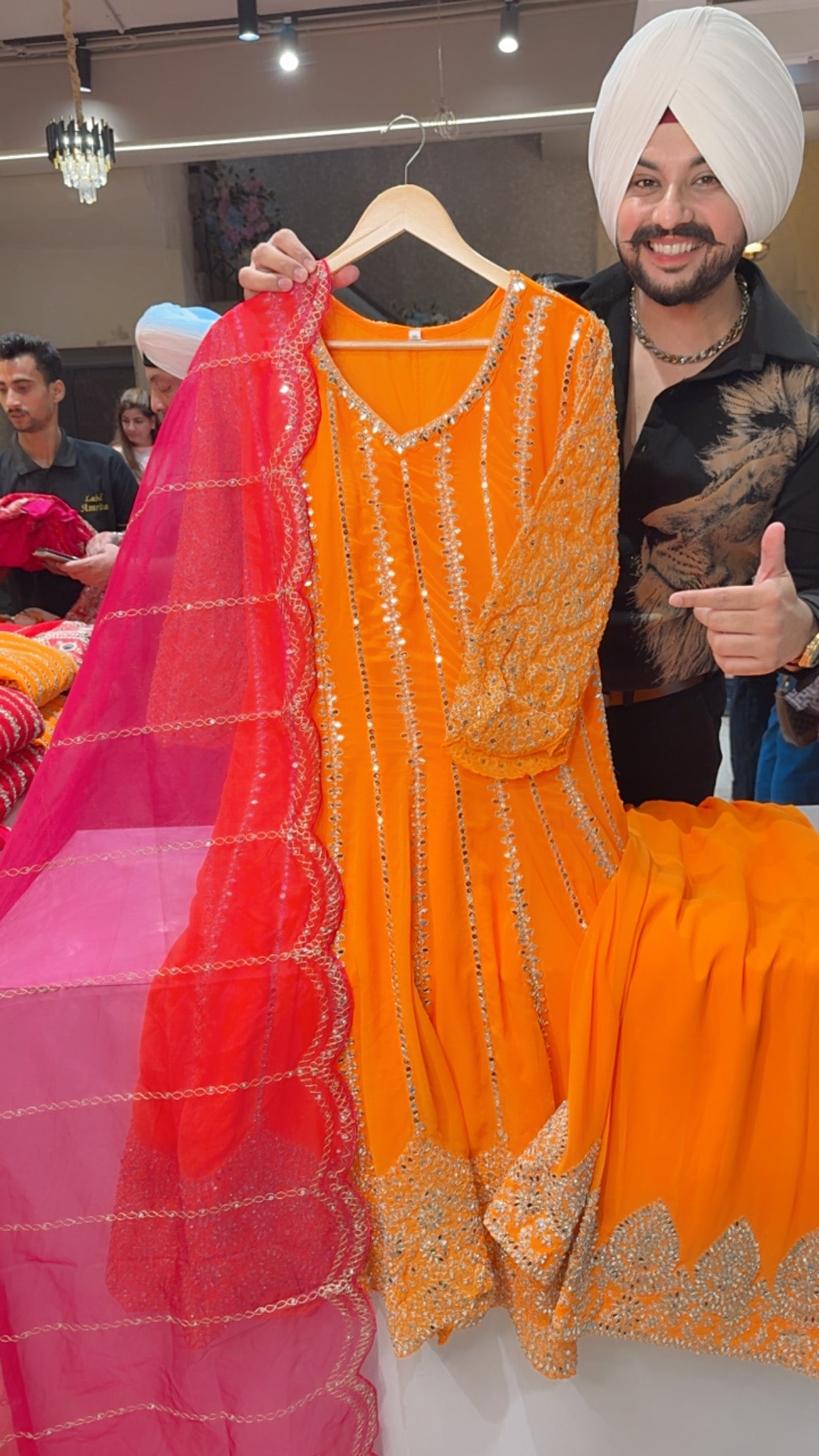 Orange Heavy Embroidered & Mirror Pasting Anarkali Plazo Suit With Rani pink Organza Embroidered Duppata