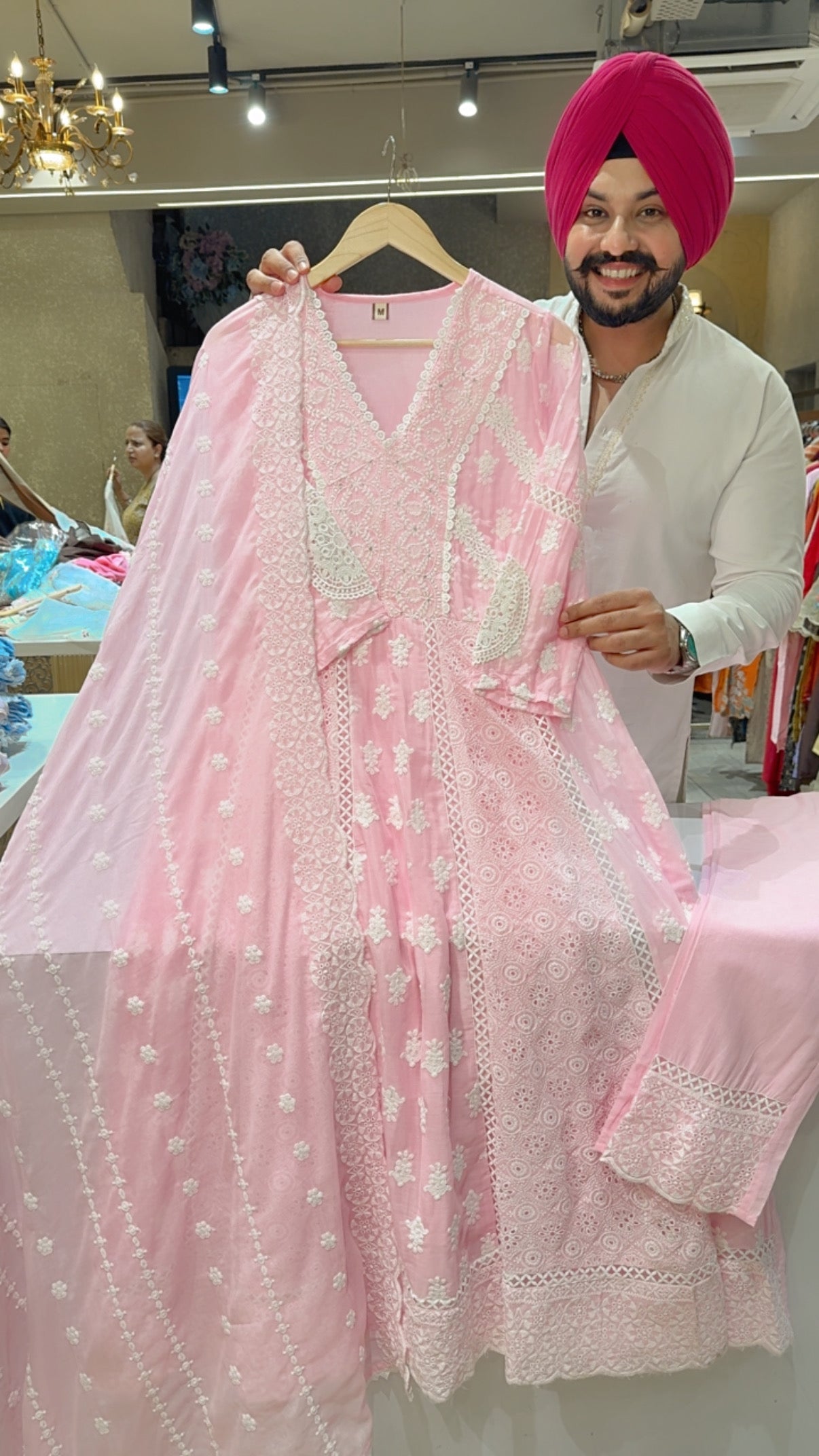 Pastel pink Mal Cotton Fully embroidered & Shifli Work Full Flair Summerish Anarkali Suit