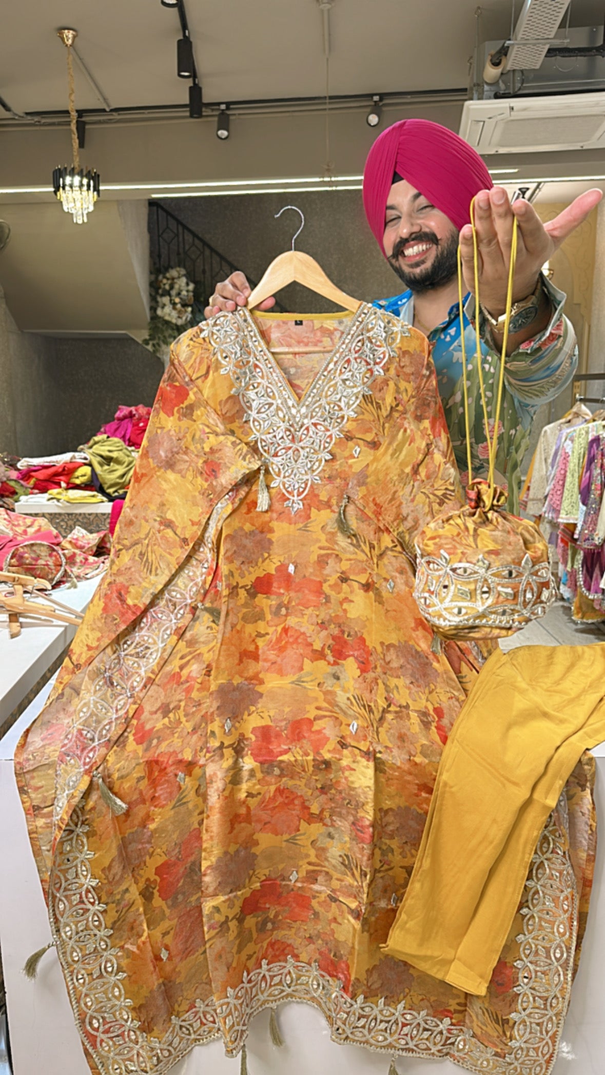 Mustard Shimmer Organza Heavy Gotta & mirror Work Kaftan set