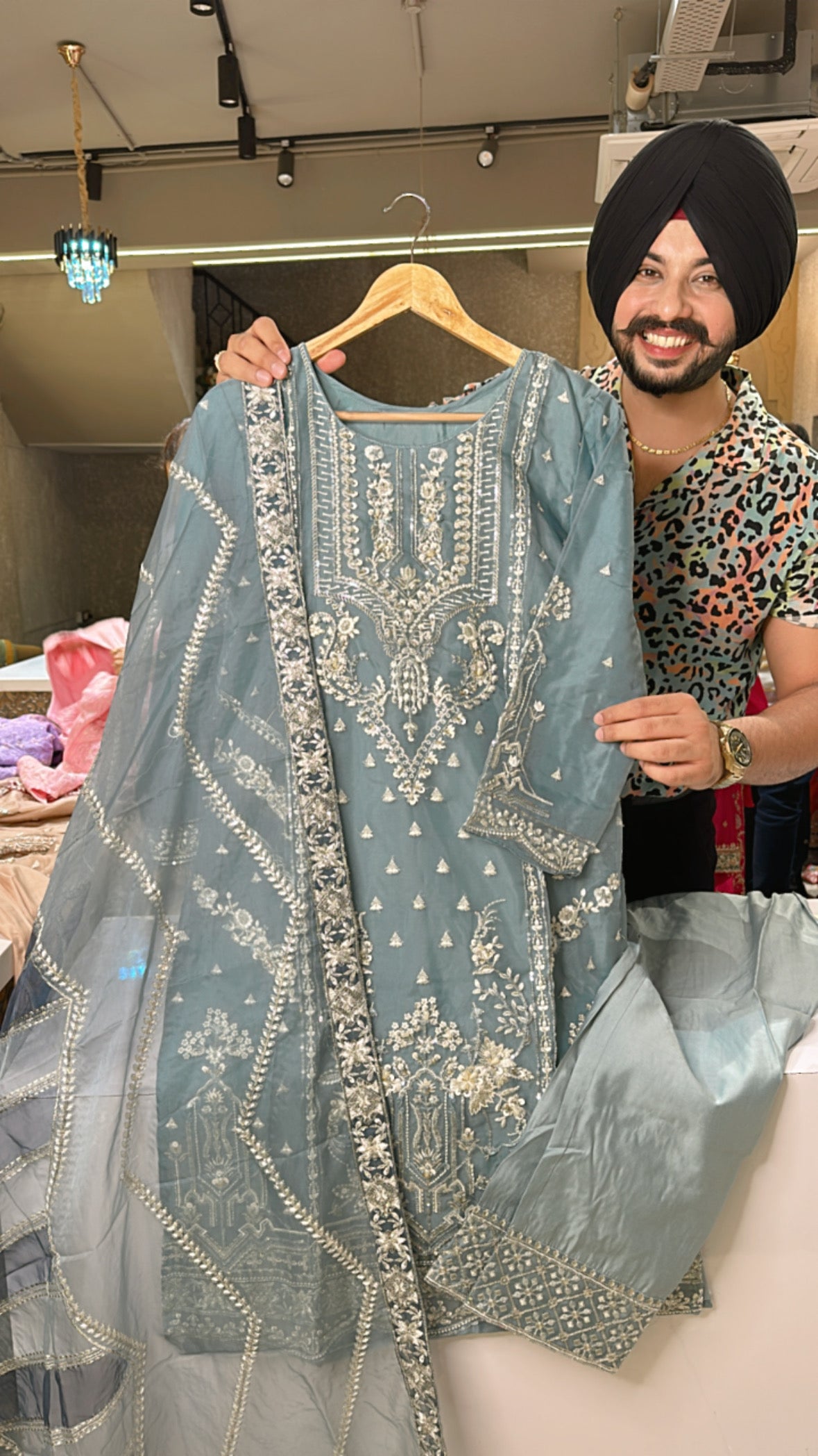 Greyish Blue Organza heavy embroidered Pakistani Suit with Beautiful Duppata